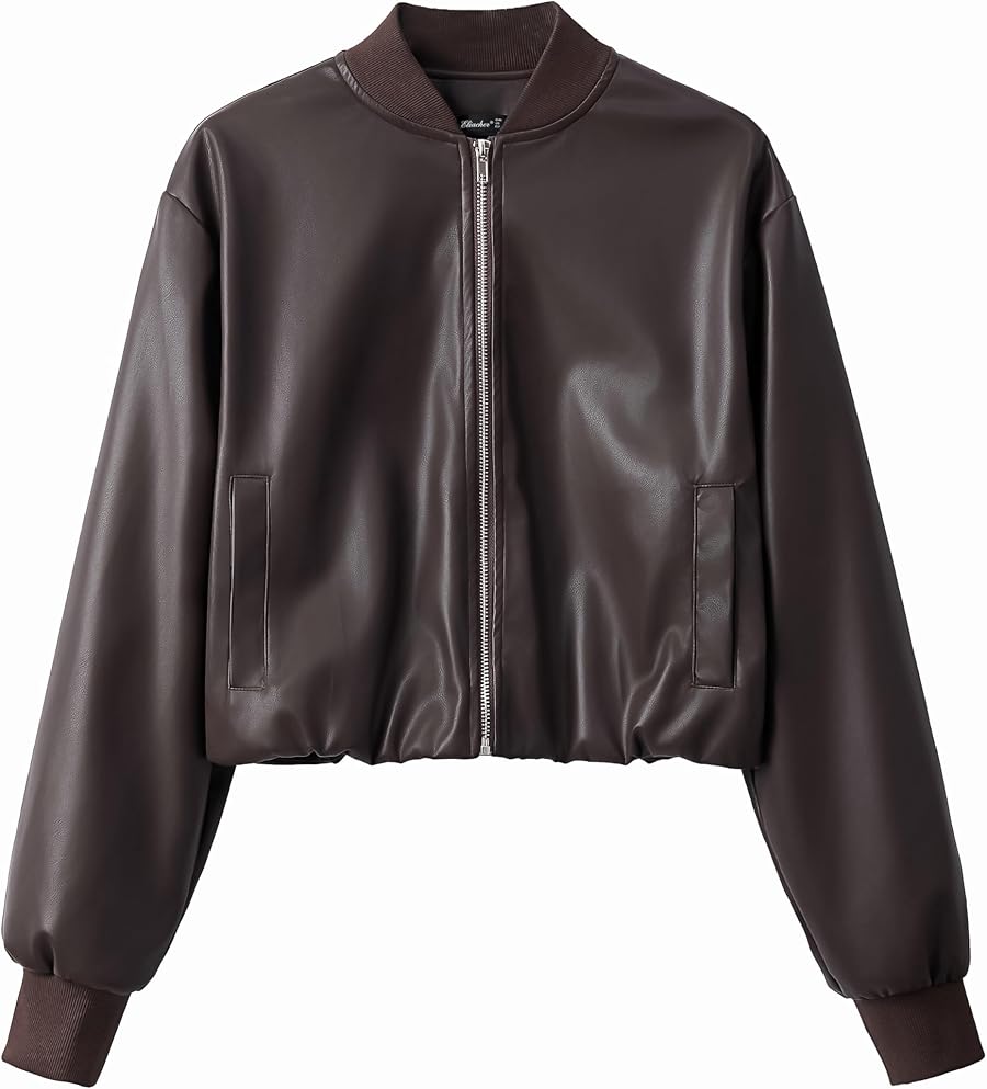 Women's Cropped Slightly Stretch Faux Leather Zip Up Baseball Jackets with Cotton Ribbed