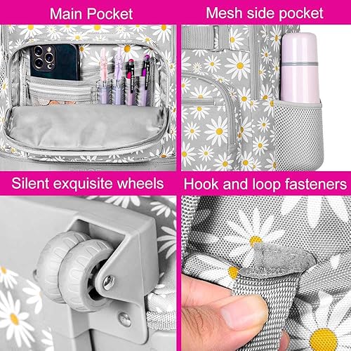 Miniatura 4 de AGSDON Mochila con ruedas para niñas, bolsa de libros con ruedas enrollables, mochila escolar con ruedas para computadora portátil con ruedas para