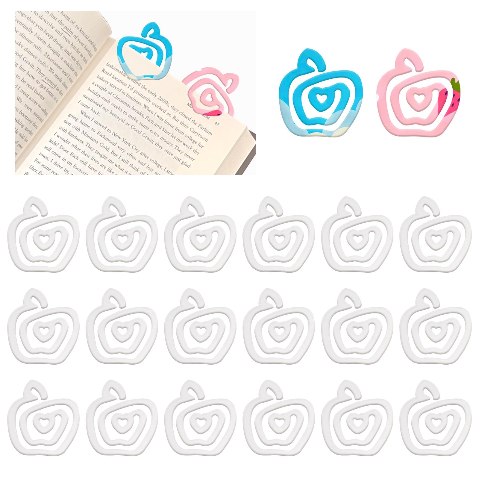 URROMA 20Pcs Paper Clips Bookmarks, Heat Transfer Acrylic Blank Bookmark Jumbo Paperclips Large Paper Clip for Crafts Office Teacher Gift(Apple-Shaped) — image 1