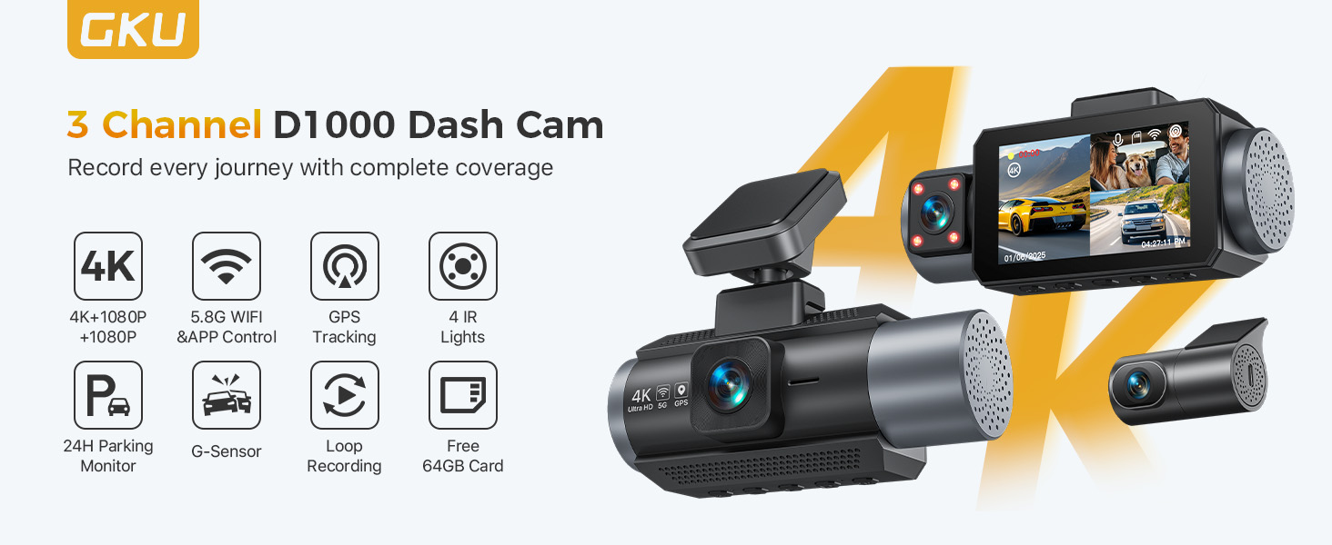 Amazon.com: GKU 4K 3 Channel Dash Cam, 5.8GHz WiFi Built-in