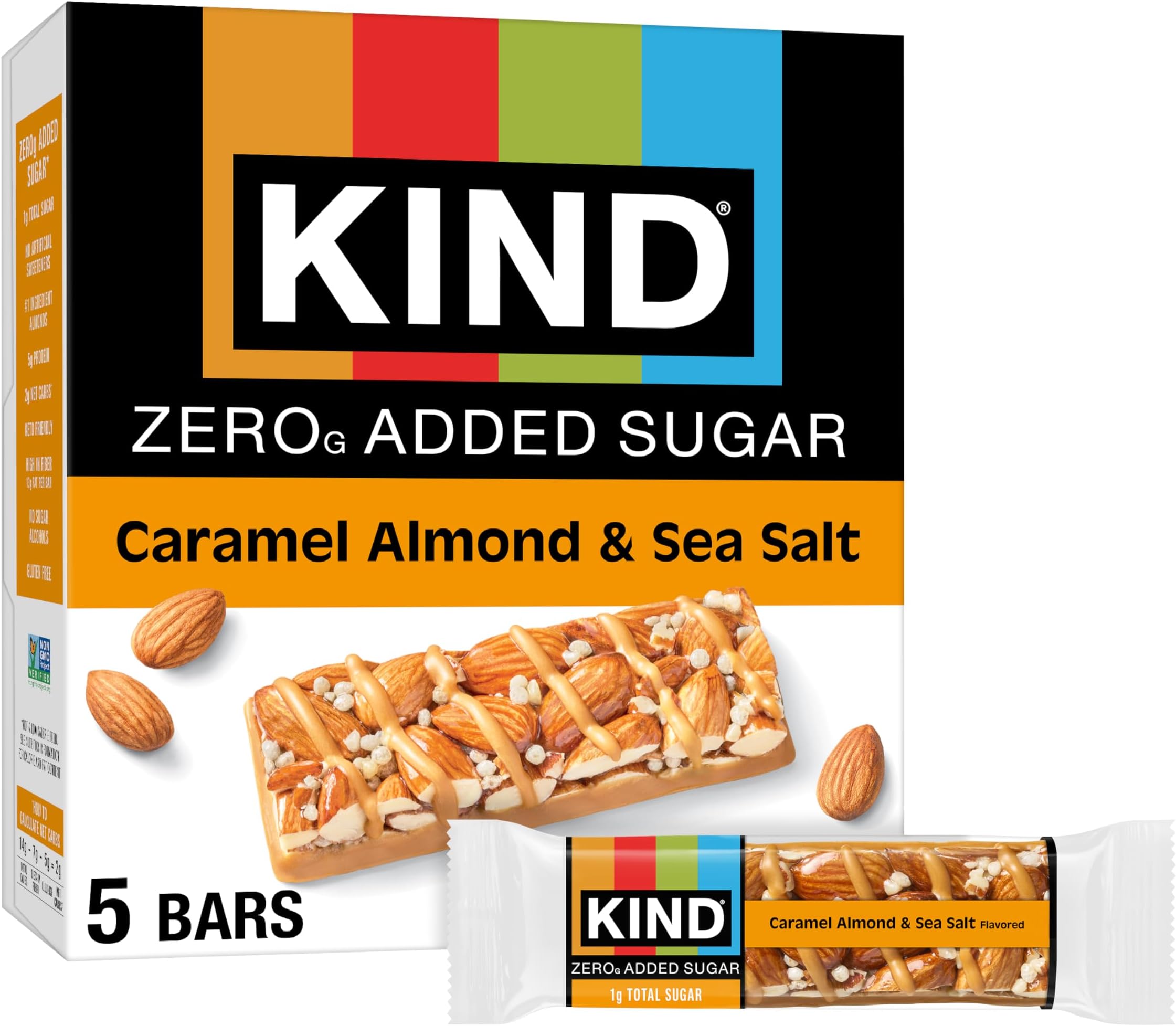 Zero Added Sugar Healthy Snacks Bars, Caramel Almond & Sea Salt, Gluten Free, High Fiber, Keto Snacks, 5g Protein, 5 Count