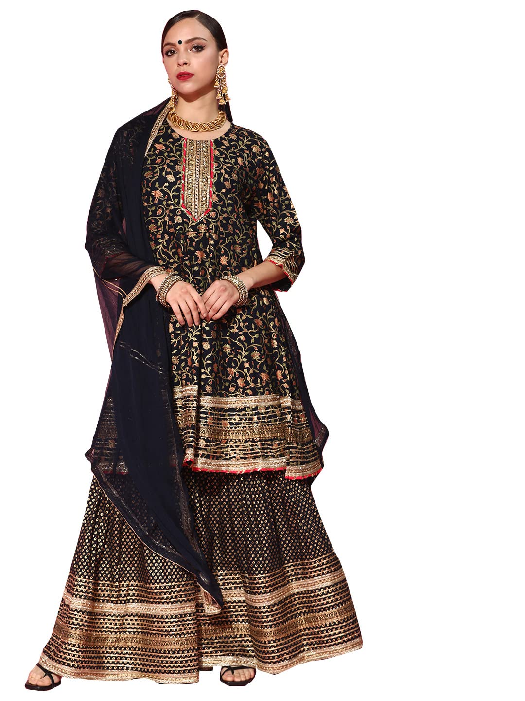 Ishin Women's Cotton Anarkali Embroidered Kurta Suit Set With Dupatta & Sharara Kpldsrd-19063_M_Navy Blue