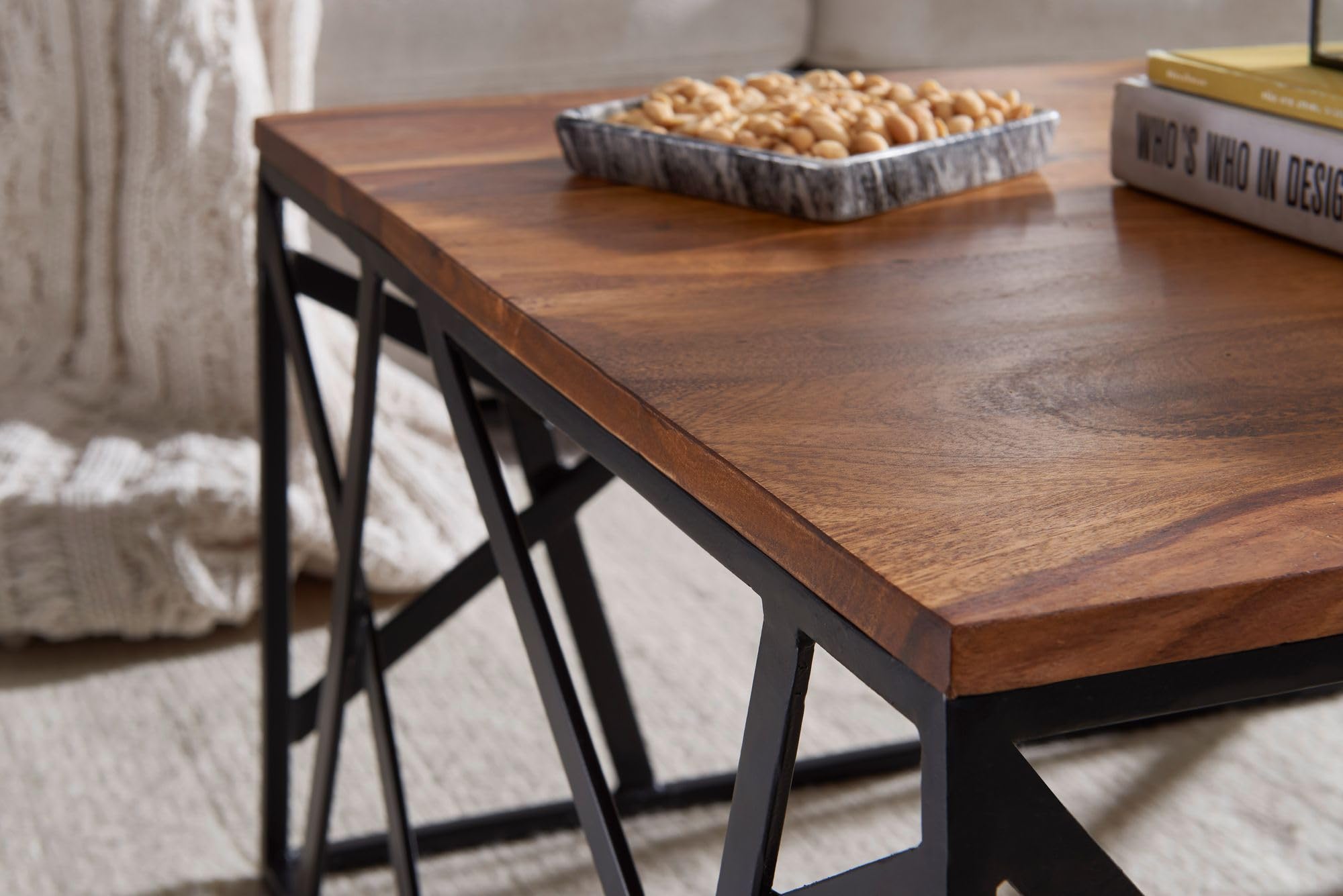 WOHNLING Table Basse BAKAL 60x60x35 cm Bois Massif Sheesham Métal