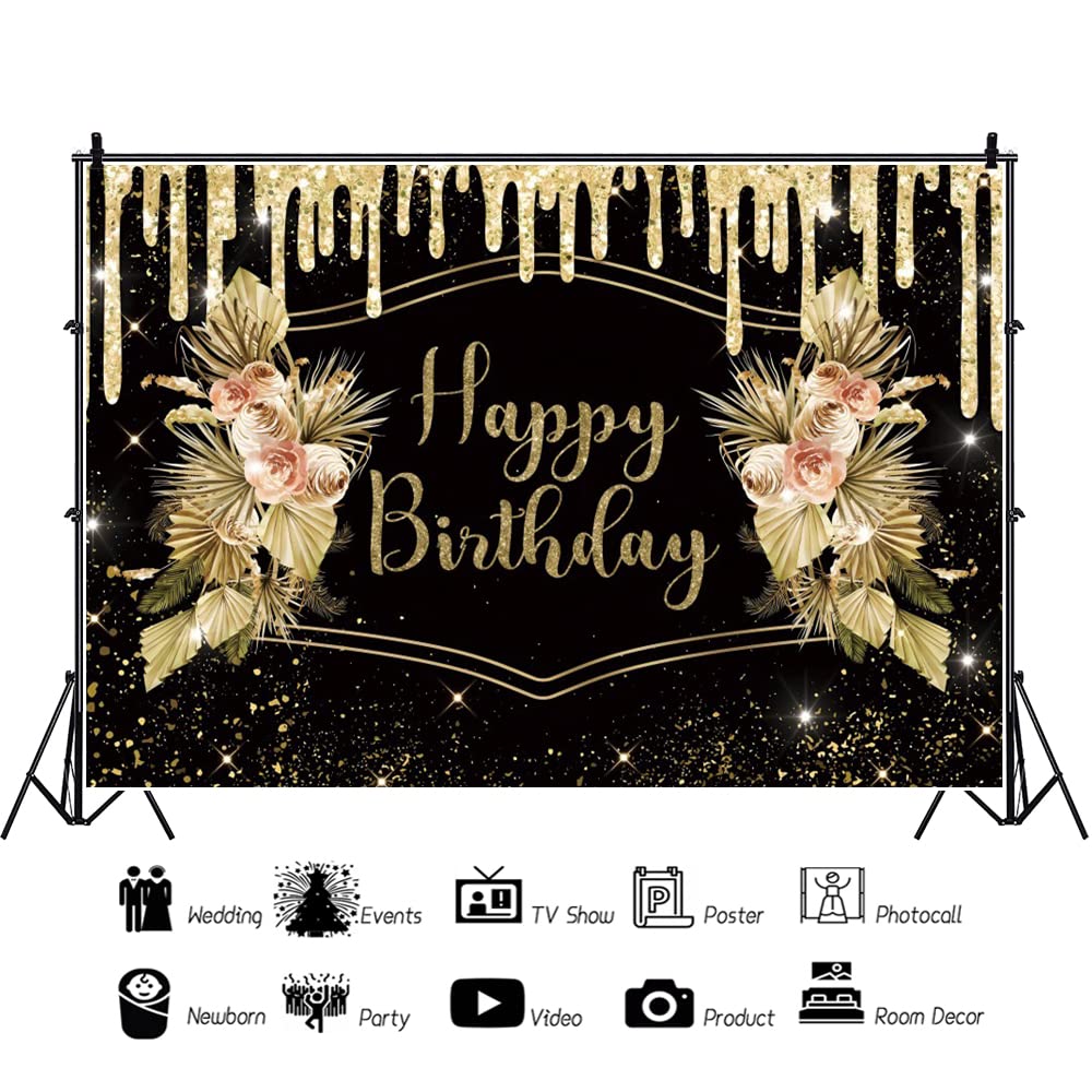 300x250cm Nero Oro Tema Buon Compleanno Fotografia Sfondo Scintillante Starlight Rosa Foglie per Festa di Compleanno Banner