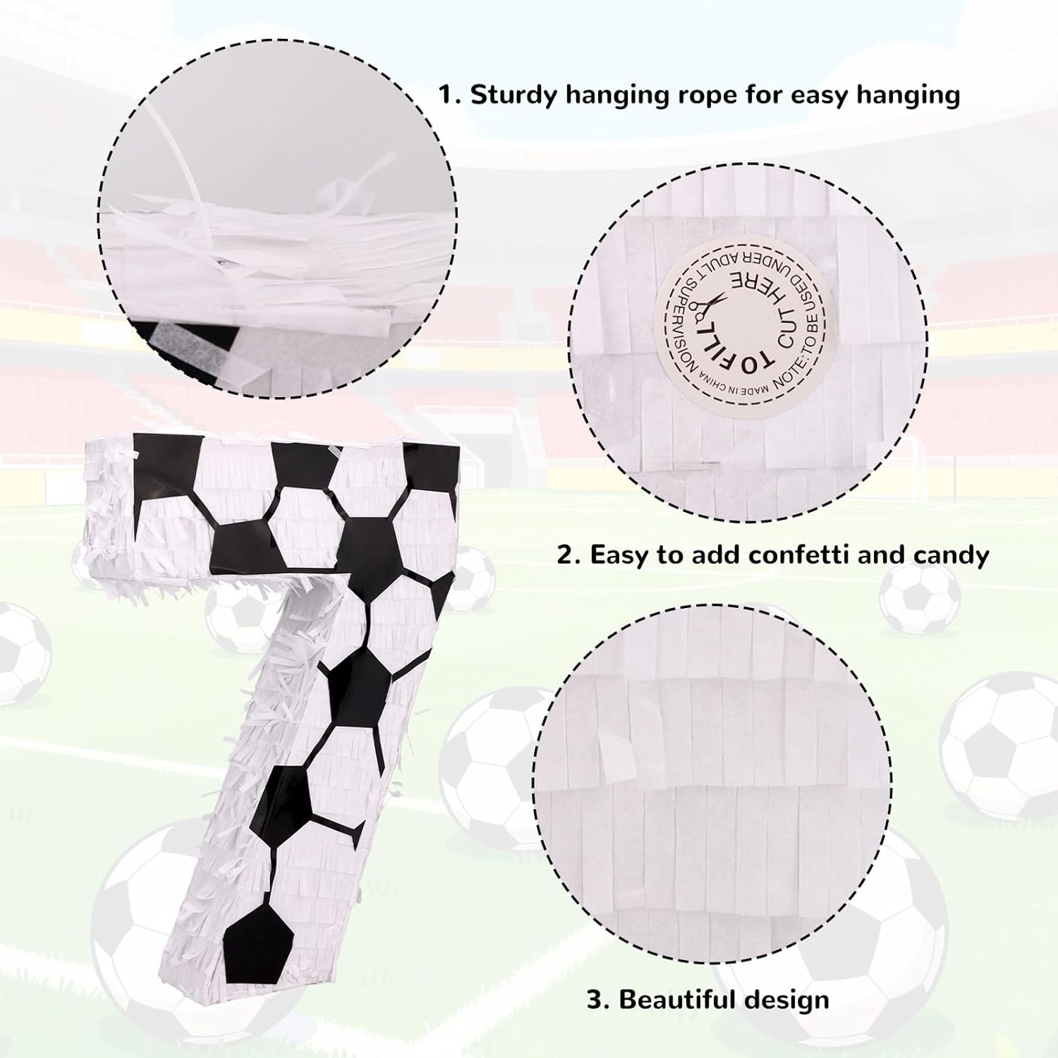 Soccer Themed Piñata Set, Soccer Ball Number 7 Piñata with Stick Blindfold & Confetti Sports Party Supplies for Birthday Decoration Party Games & Festive Celebrations