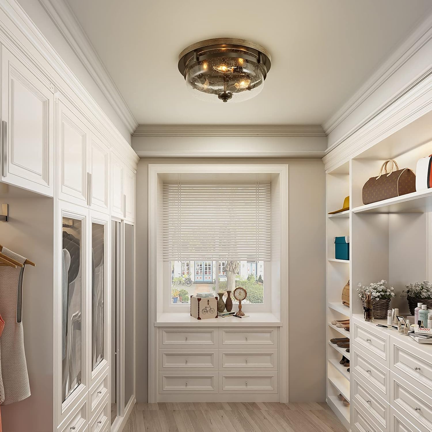 One-Day Sale: Up to 40% Off Flush Mount Ceiling Light, Farmhouse Light Fixtures Ceiling with Faux Wood Finish and Seeded Glass Cover, W13.5x H6.5