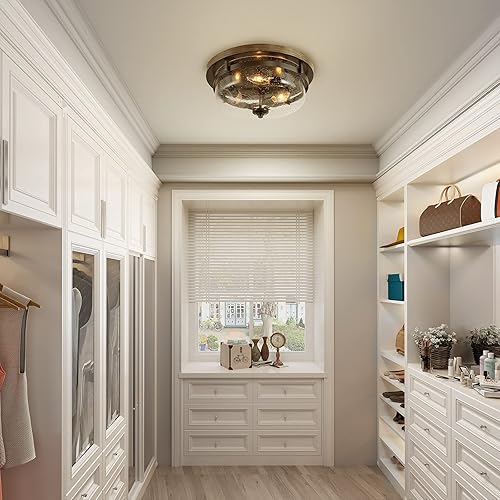 Miniatura 5 de LOG BARN Lámpara de techo de montaje empotrado, lámparas de techo con acabado de madera sintética y cubierta de vidrio sembrado, 13.5 pulgadas de