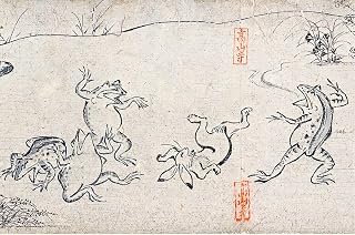 鳥獣戯画 蛙と兎の相撲図 A3サイズ ポスター 複製 新版画 小原古邨 川瀬巴水 北斎 歌麿 土屋光逸 吉田博 月岡芳年