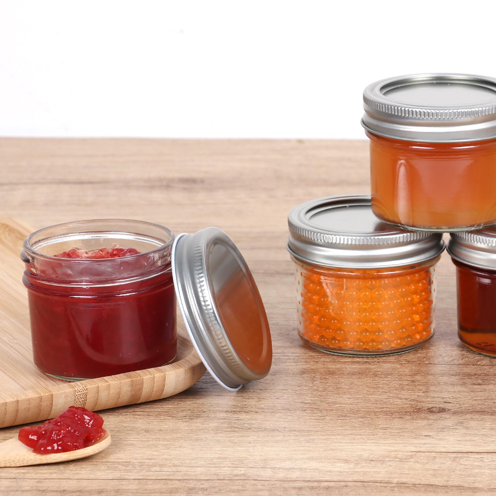 Tarros pequeños Mason, paquete de 8 tarros de vidrio de 4 onzas con tapas regulares, mini tarro de conserva, ideal para gelatina, mermelada, miel, postre, especias, recuerdos de boda, velas