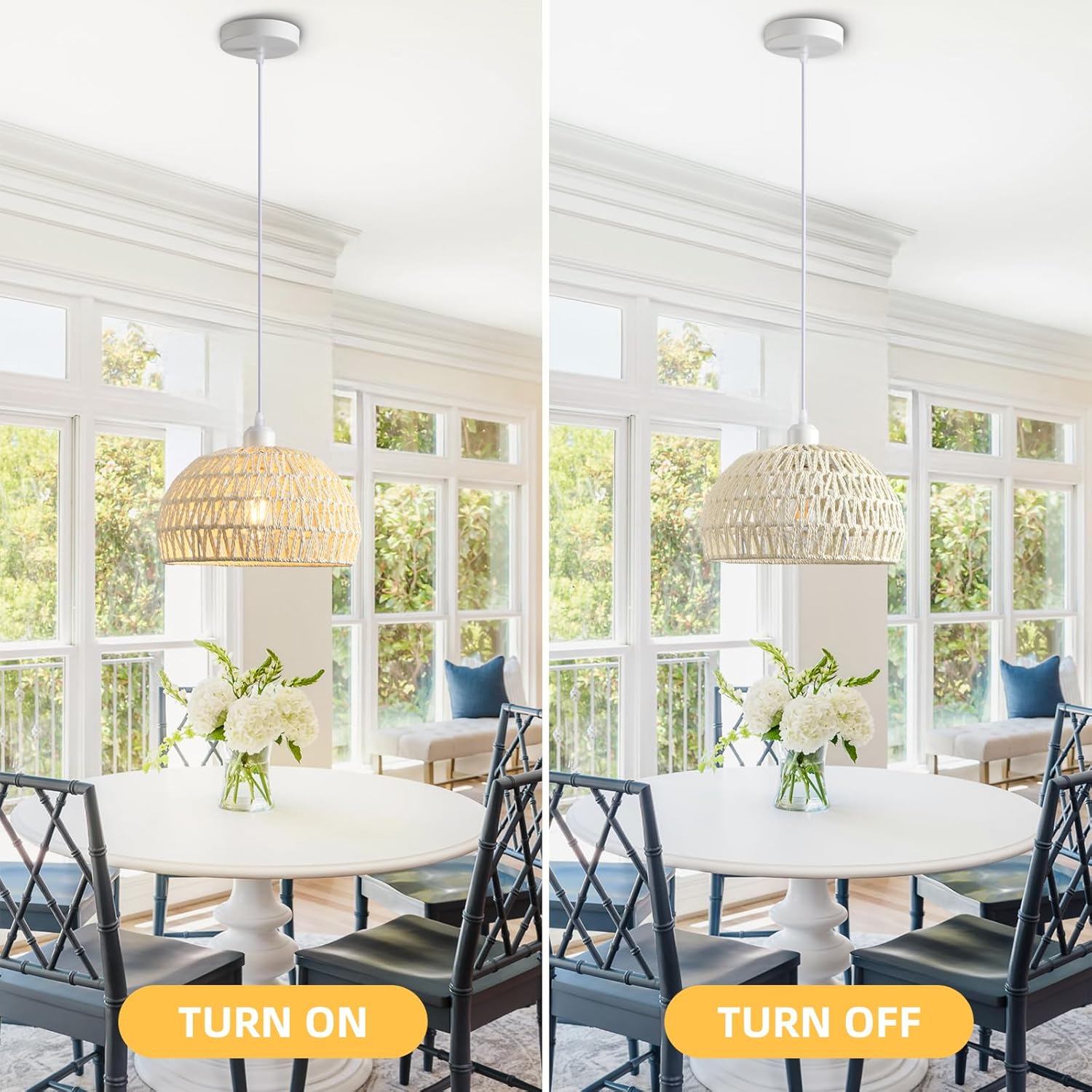 Rattan Pendant Light, Boho Dome Dining Room Chandelier, White Woven Kitchen Pendant Lighting over Island, Coastal Wicker Light Pendant Hanging Light Fixture for Nursery Entryway Bedroom, E26 Base