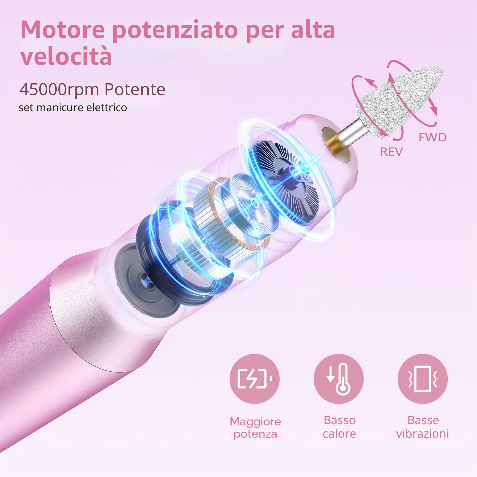 Fresa per unghie Professionale 45000 giri/min, Set manicure, pedicure, batteria senza fili, lima elettrica per unghie con 12 accessori per la cura delle unghie, cura dei piedi, elettrico a 6 velocità