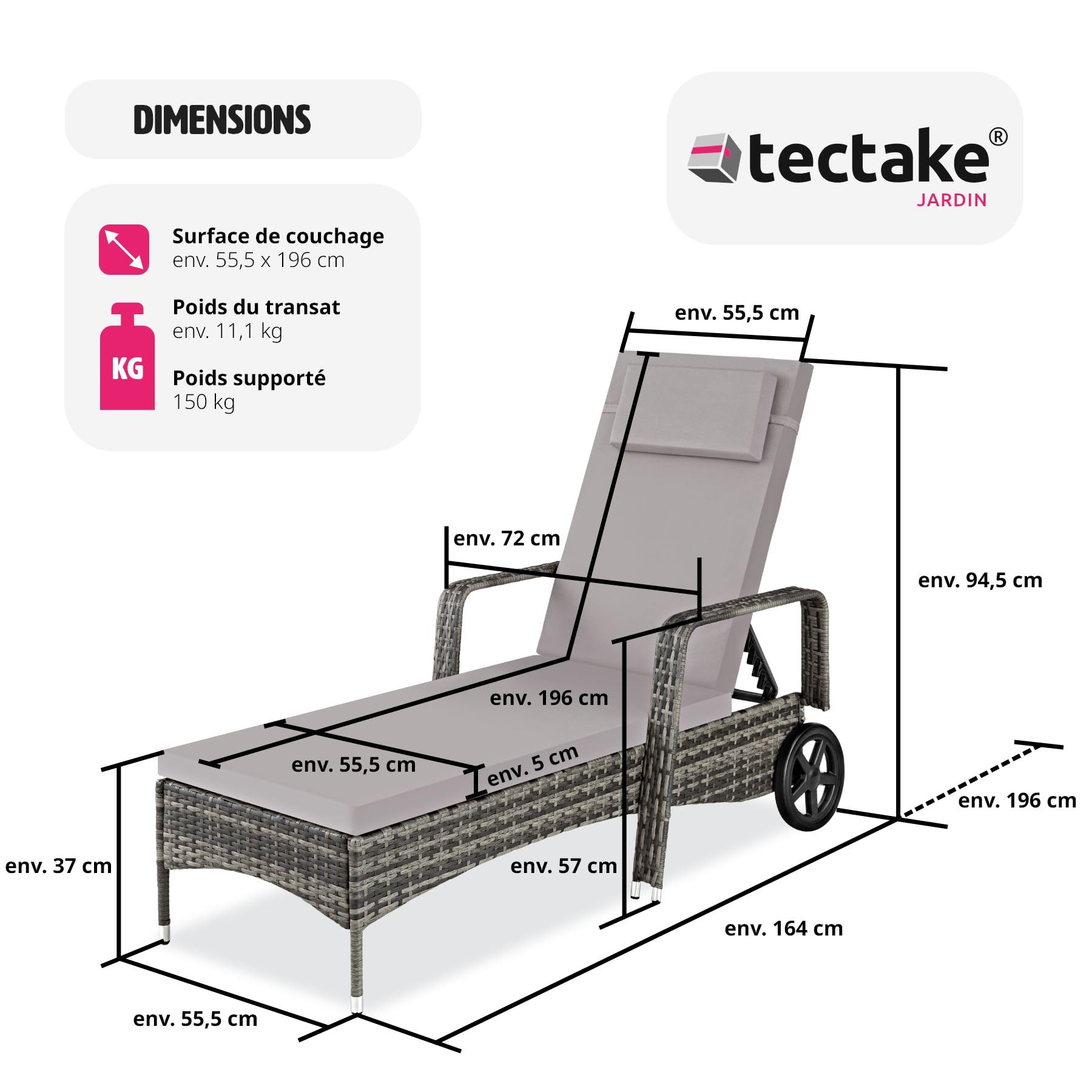 tectake® Bain de Soleil Chaise Longue en Resine Tressee Résistant Cadre en Aluminium Inclinable avec roulettes Transat Salon de Jardin Exterieur Mobilier de Jardin Chaise Longue Piscine - Gris