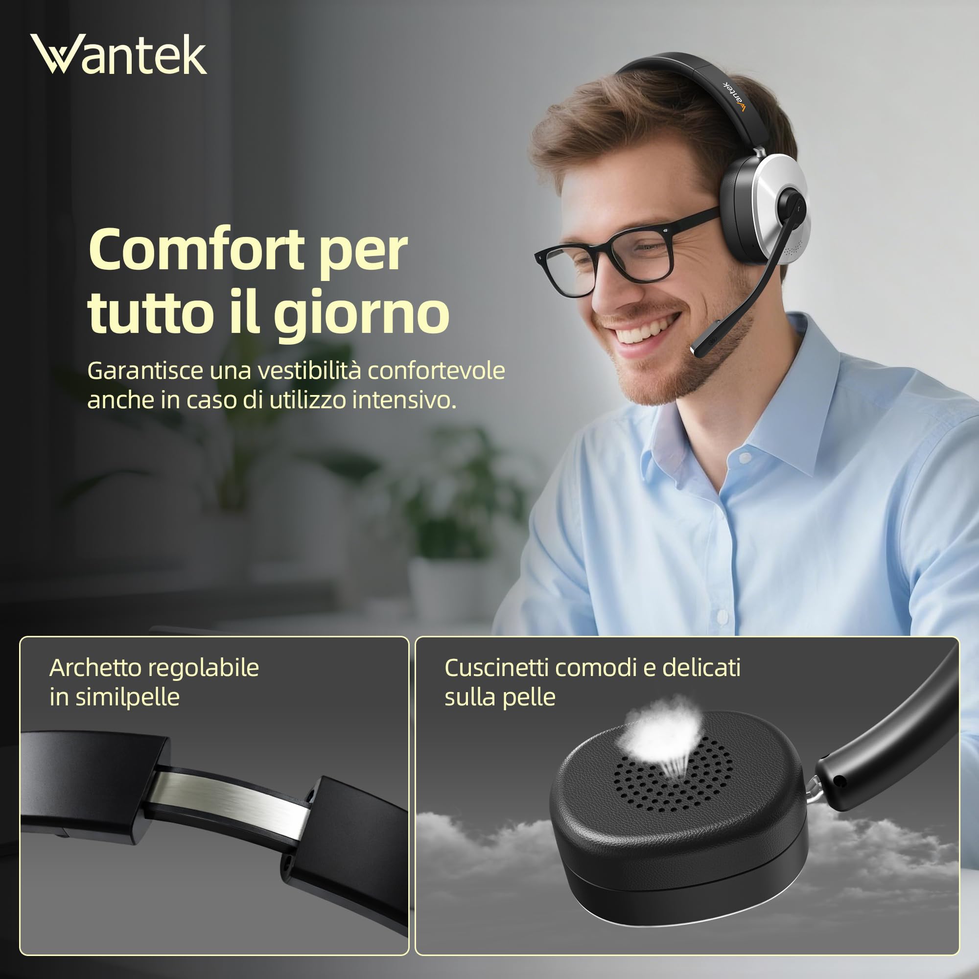 Wantek Cuffie wireless con microfono, Cuffie senza fili Bluetooth con stazione di ricarica o USB Dongle per PC Ufficio Zoom Skype Laptop
