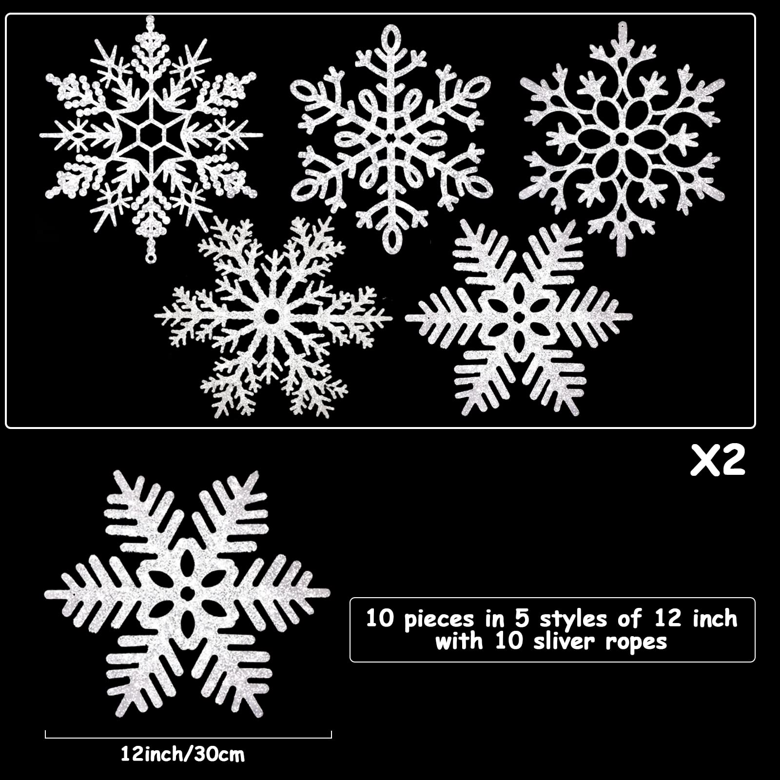 10 adornos de Navidad grandes de copos de nieve blancos de 12 pulgadas para exteriores, copos de nieve gigantes de plástico con purpurina, adornos colgantes de Navidad, vacaciones, invierno,