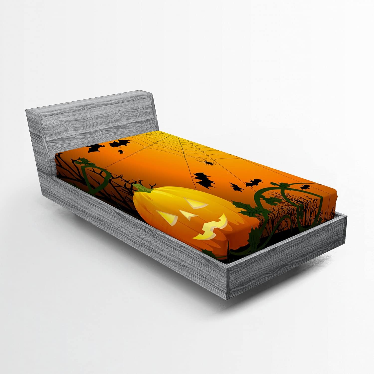 Ambesonne Halloween Fitted Sheet, Spooky Season Themed Composition of Pumpkins Leaves Trees and Bats, Bed Cover with All-Round Elastic Deep Pocket for Comfort, Twin XL Size, Dark Green Orange Black