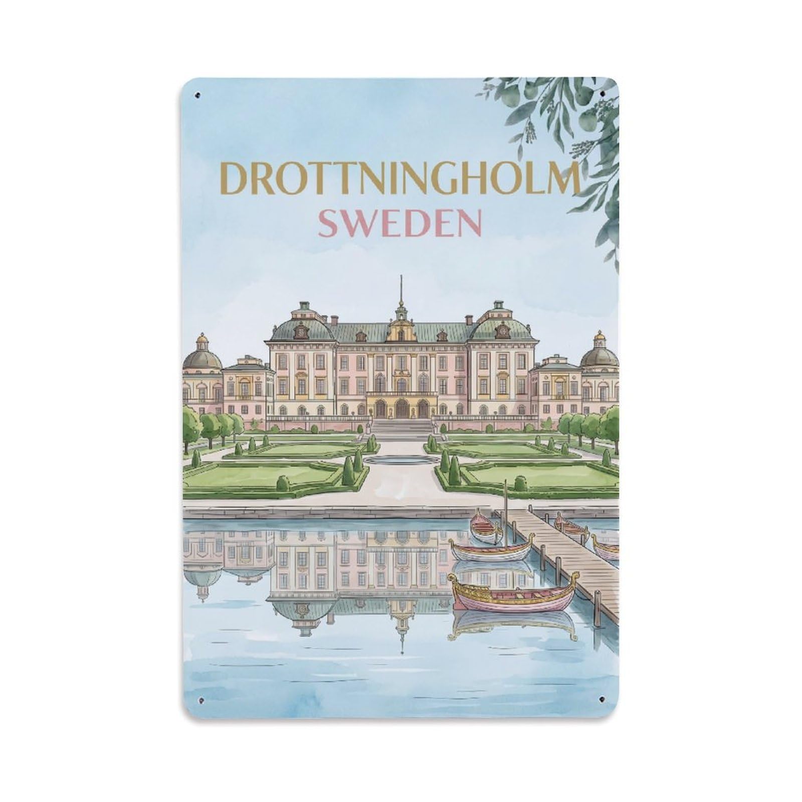 Vintage Travel Drottningholm Sweden Palace Metal Tin Sign Plaque Wall Decor for Cafe, Club Bar, Office, Home Garden Metal Poster 8x12Inch