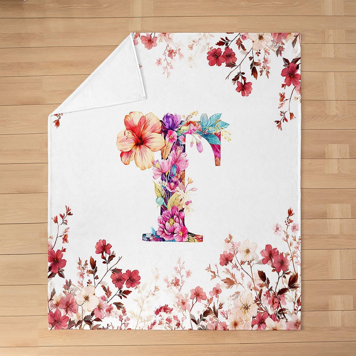Boho Cherry Blossom Fuzzy Plush Throw for Kids - Chic Poppy Alphabet Letter Y Fleece Blanket Watercolor Spring Floral Personalized Initial Flannel Blanket,Cottagecore Monogrammed Decor Queen 90"x90"
