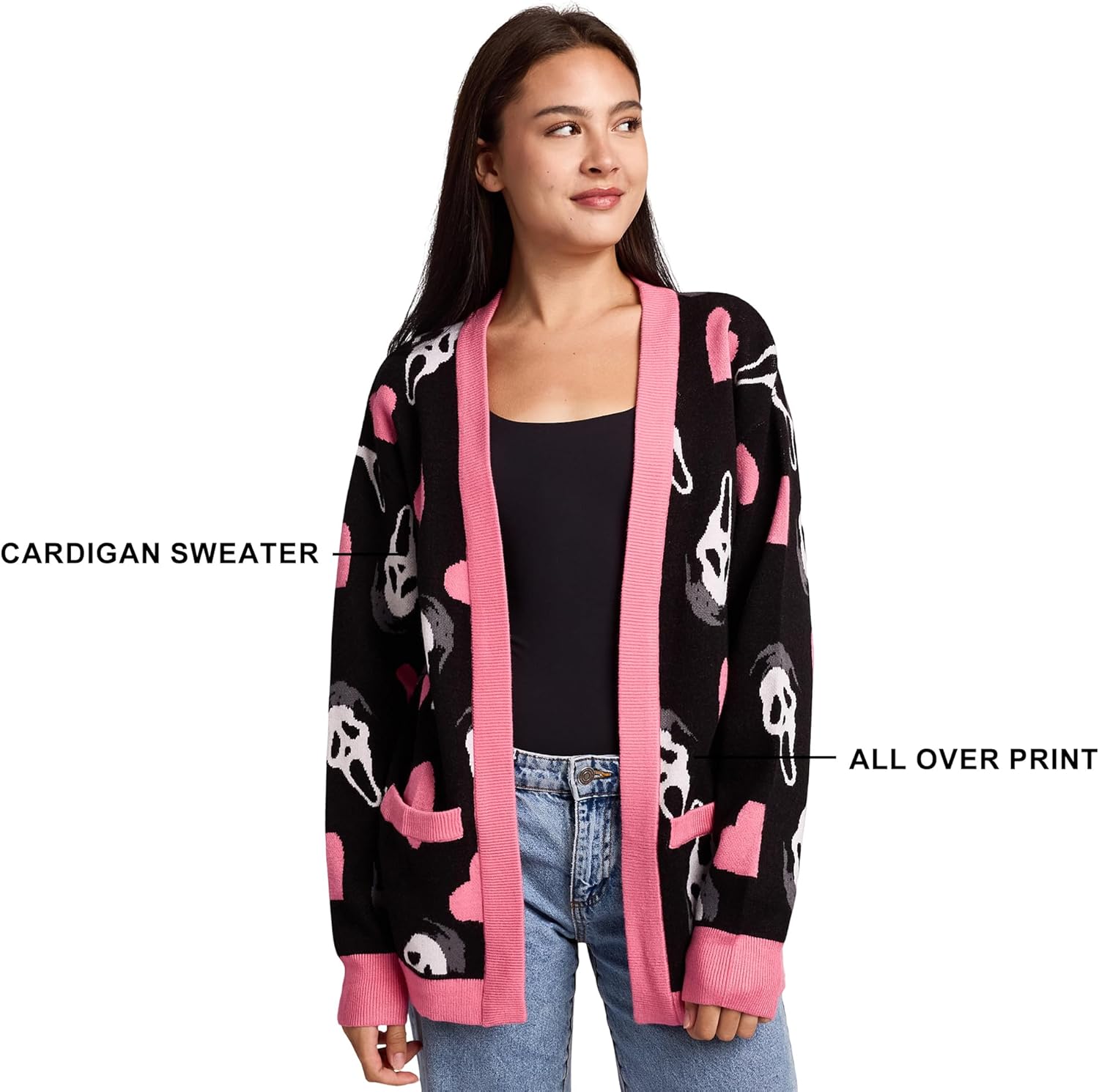 Ghostface Hearts All-Over Print Women's Black Long Sleeve Cardigan - Image 5