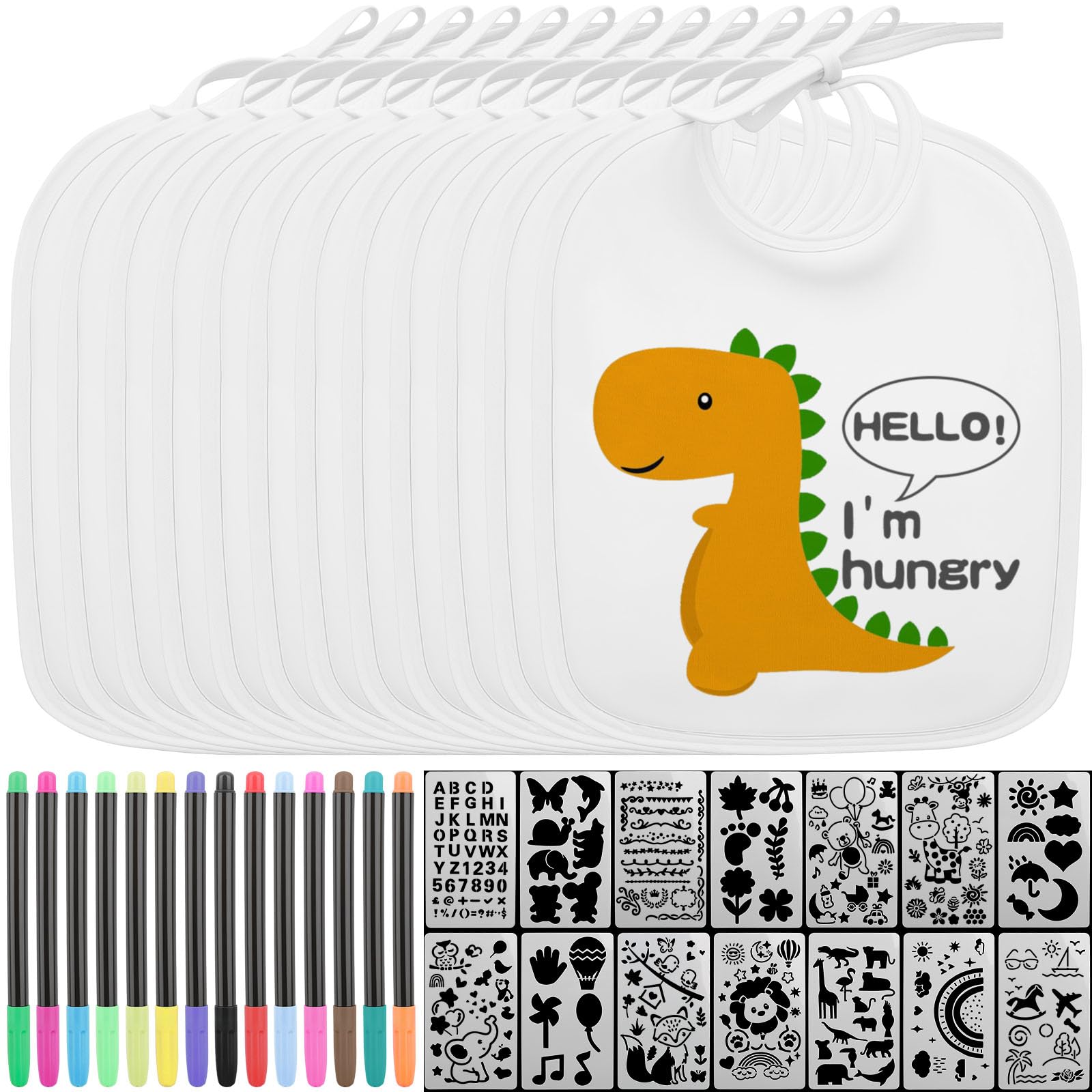 YPLonon 12 Stück Weiß Lätzchen zum Bemalen Baby Lätzchen Bemalen Babyparty Mit 14 Schablonen und 14 Textilstifte Babyparty Deko Spiele Waschbar für Jungen und Mädchen