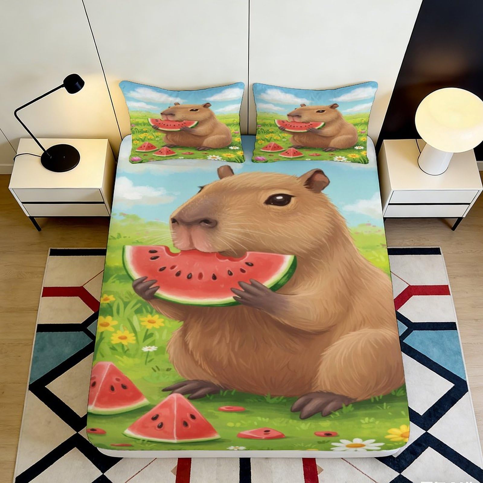 3D Printed Capybara Animal Fitted Sheet Microfiber Durable Soft 3D Printed Watermelon Bed Cover for Bedroom Dormitory Guest Room Mattress Protection 180x200x25cm
