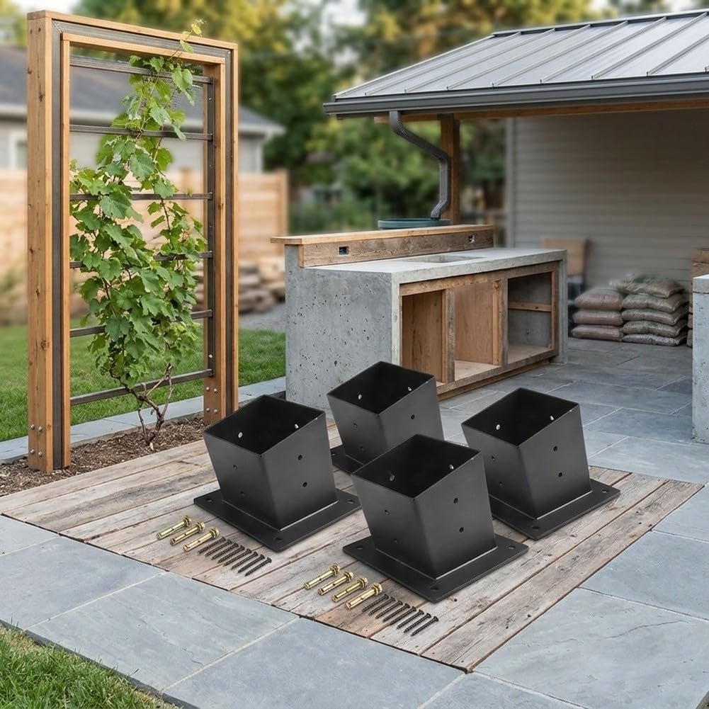 Schrägdach Pergola Wandhalterung für 4x4 Zoll Stahl Schwarz Schrägdach(4pcs) | Für Schrägdächer, stabile Stütze, schwarze Pulverbeschichtung, passt auf für 4x4 Pfosten, inkl. Montageschrauben