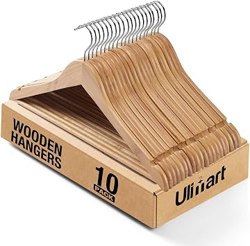 Wooden Hanger 10 Pack,Wood Hanger Solid Shirt Hangers with Pants Bar,Heavy Duty & Slim Coat Hanger,for Suit Coat Jacket PantsNatural