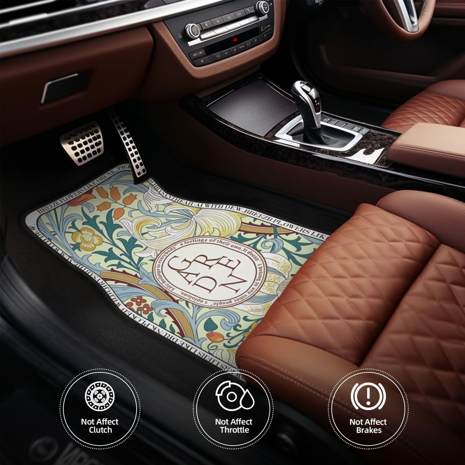Artistic Fabric Car Floor Mats-Non-Slip Rubber Backing Vintage Flowers Front Rear Set-Water Absorbing Durable Automotive Floor Mat Rug — view 3