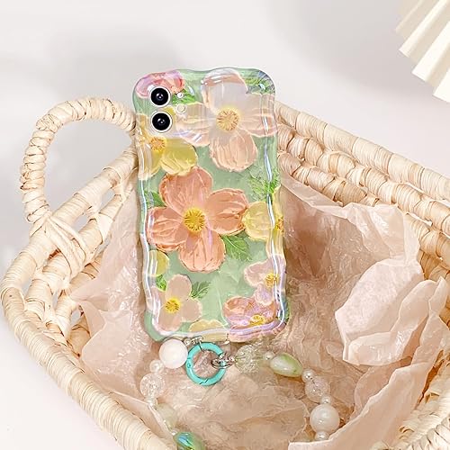 Miniatura 4 de NITITOP Funda compatible con iPhone 11, bonita funda de pulsera floral de flores de aceite con bonita correa de muñeca verde para mujeres y niñas,