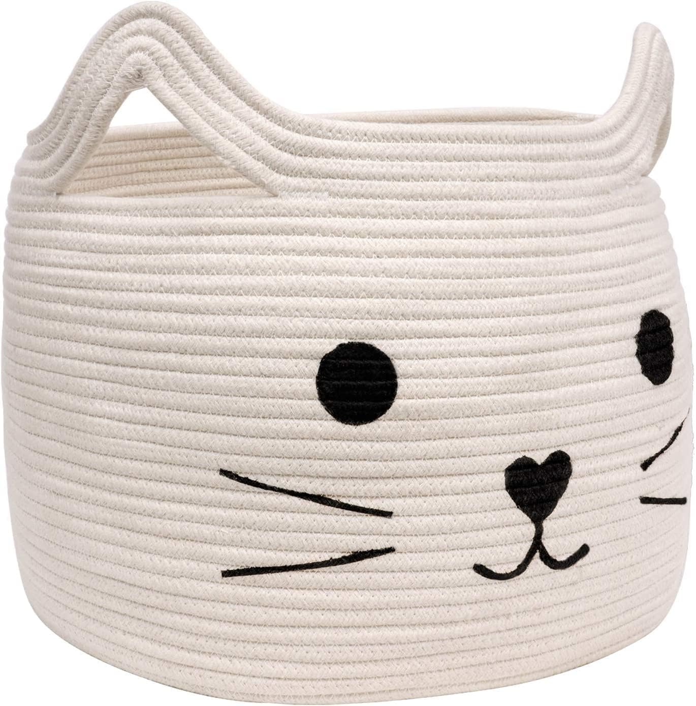 ALBY® Large Woven Cotton Rope Storage Basket, Laundry Basket Organizer for Toys, Blanket, Clothes, Towels, Gifts | Pet Gift Basket for Cat, Dog - 15.7" L×11.8" H, Black (WHITE)