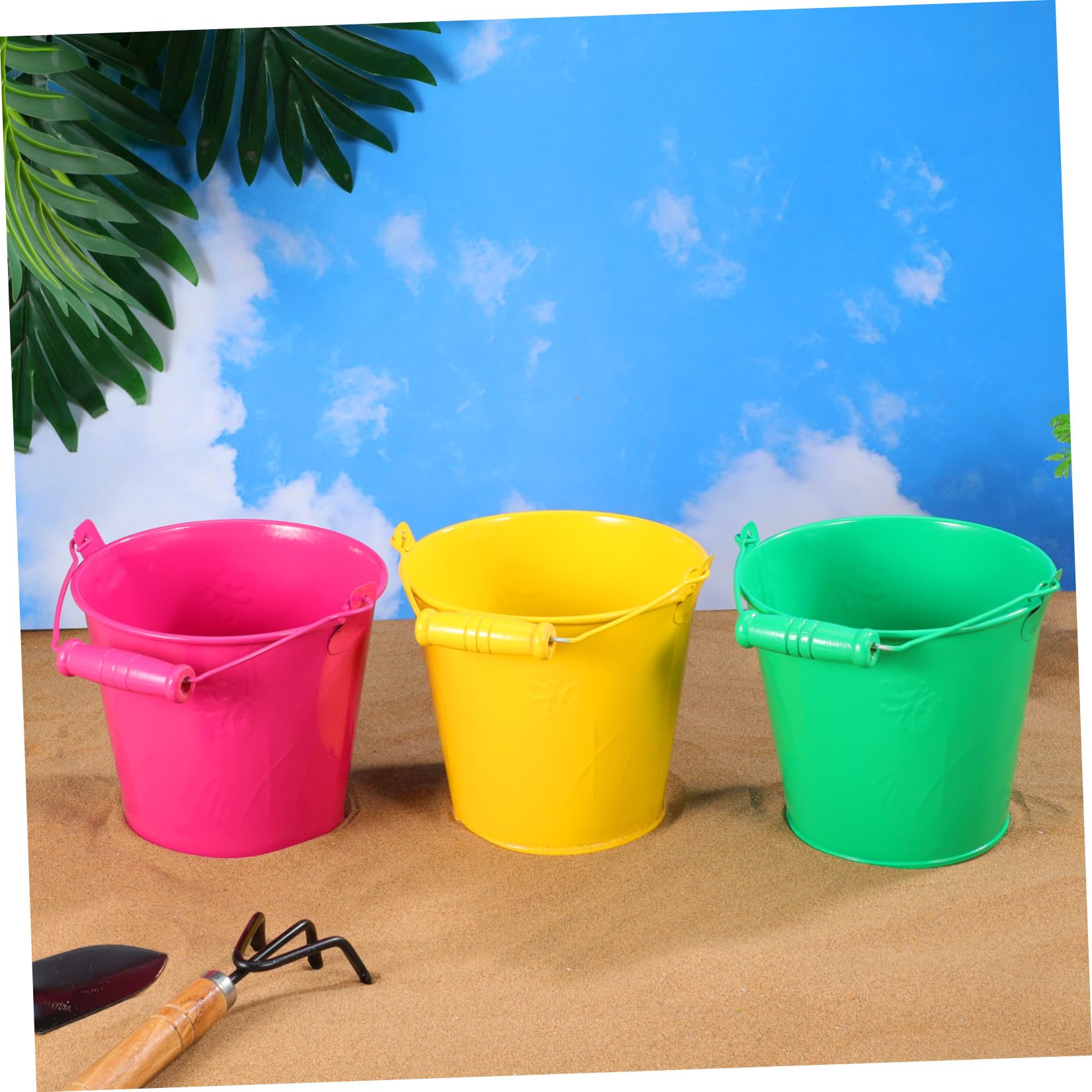 Hohopeti Jouet de Plage Seau en Fer 6pcs Poignée Bois pour Garçon et Filles