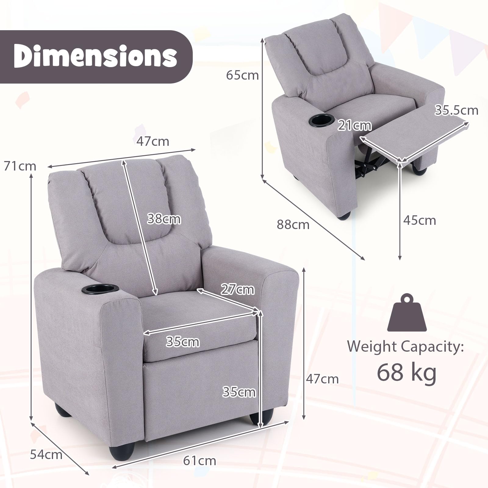 LIFEZEAL 2 en 1 Fauteuil Inclinable pour Enfants, Fauteuil pour 3 +Ans Garçons et Filles avec Repose-Pieds réglable et Porte-gobelet, Petit Canapé pour Chambres d'enfants, Salles de Jeux (Gris)