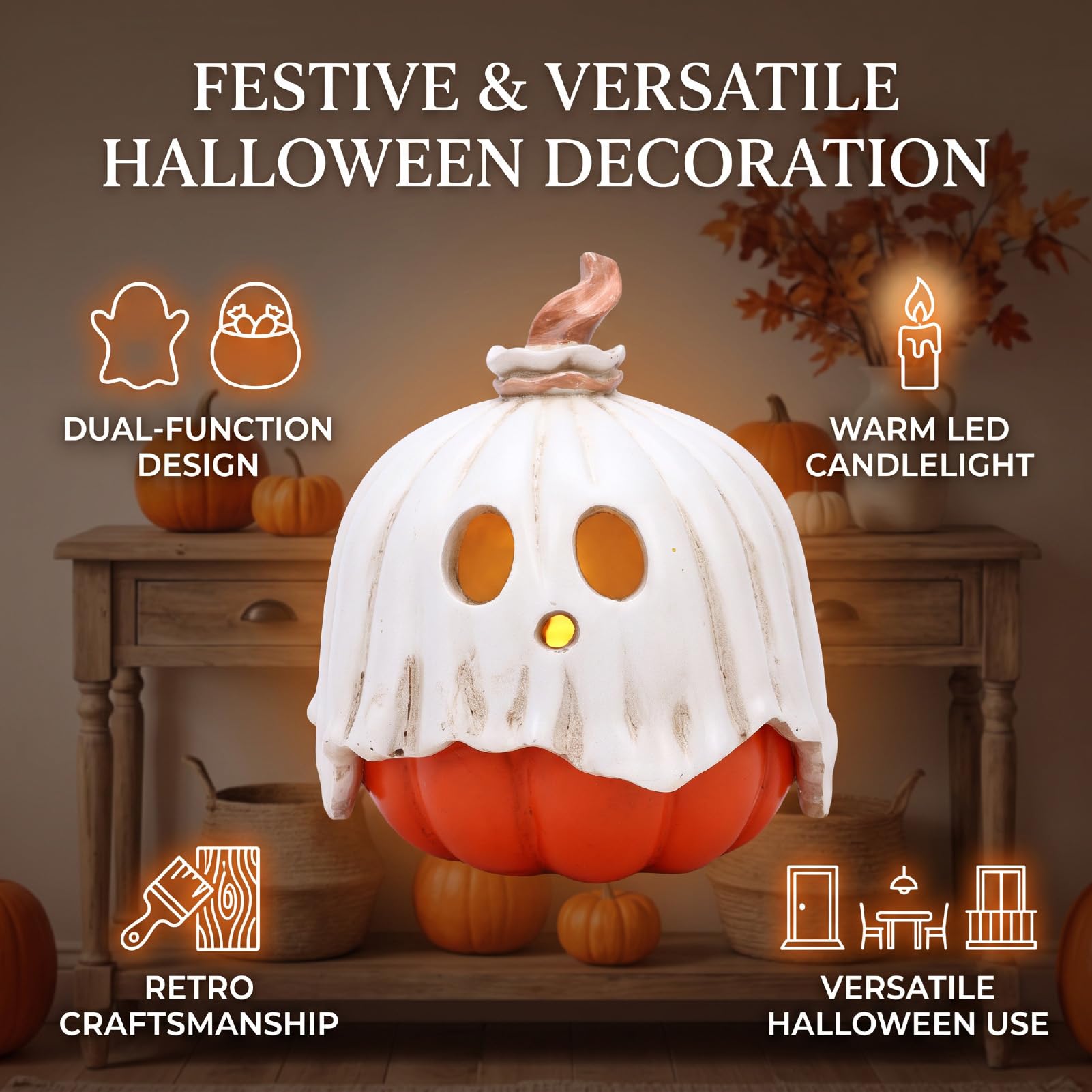 Fockety Portavelas Calabaza, Contenedor de Dulces de Resina Led sin Llama