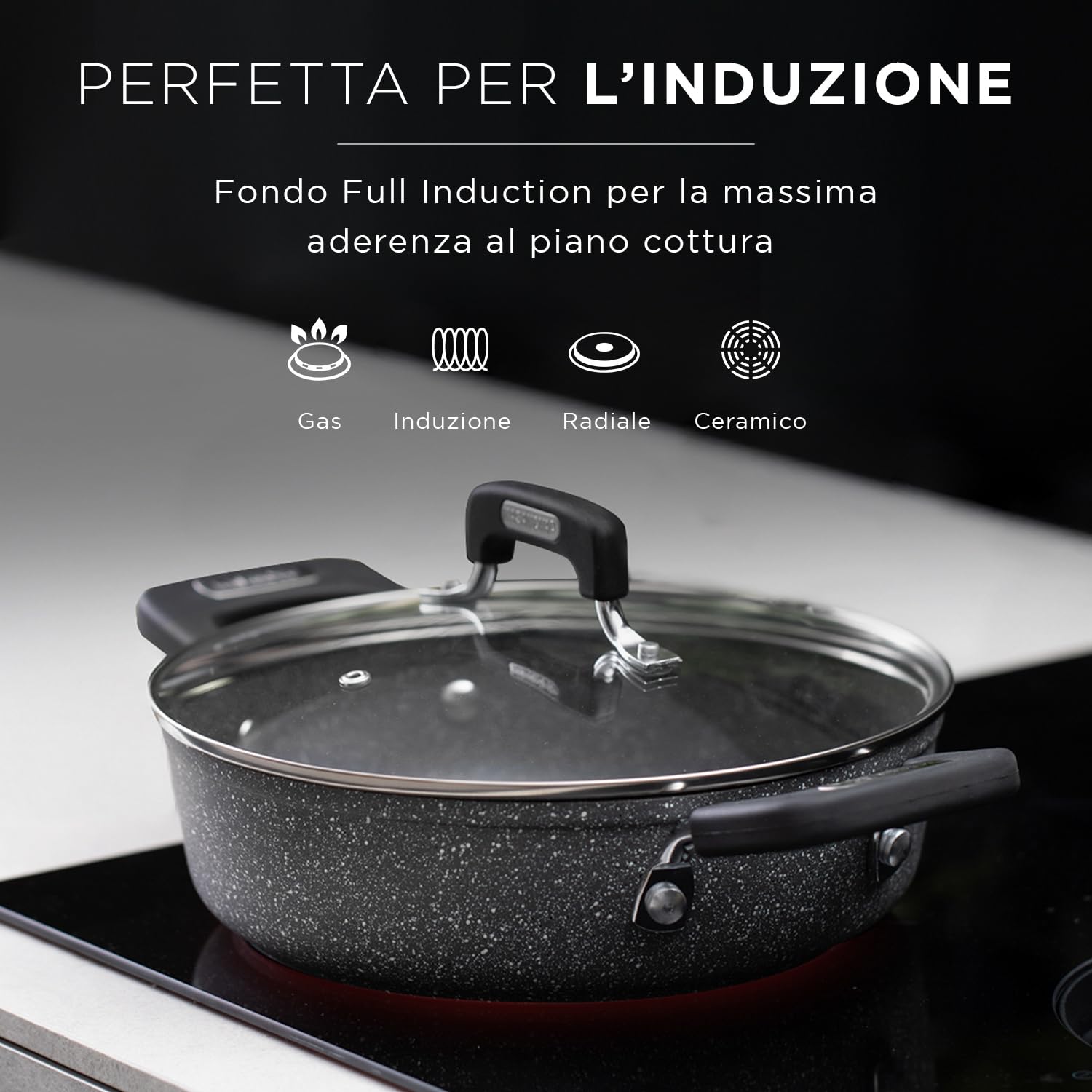 KASANOVA Batteria pentole 4 pezzi New Petra Dark, Set pentole e padelle induzione e forno fino a 180°C, Set antiaderente con padella, casseruola e coperchi vetro
