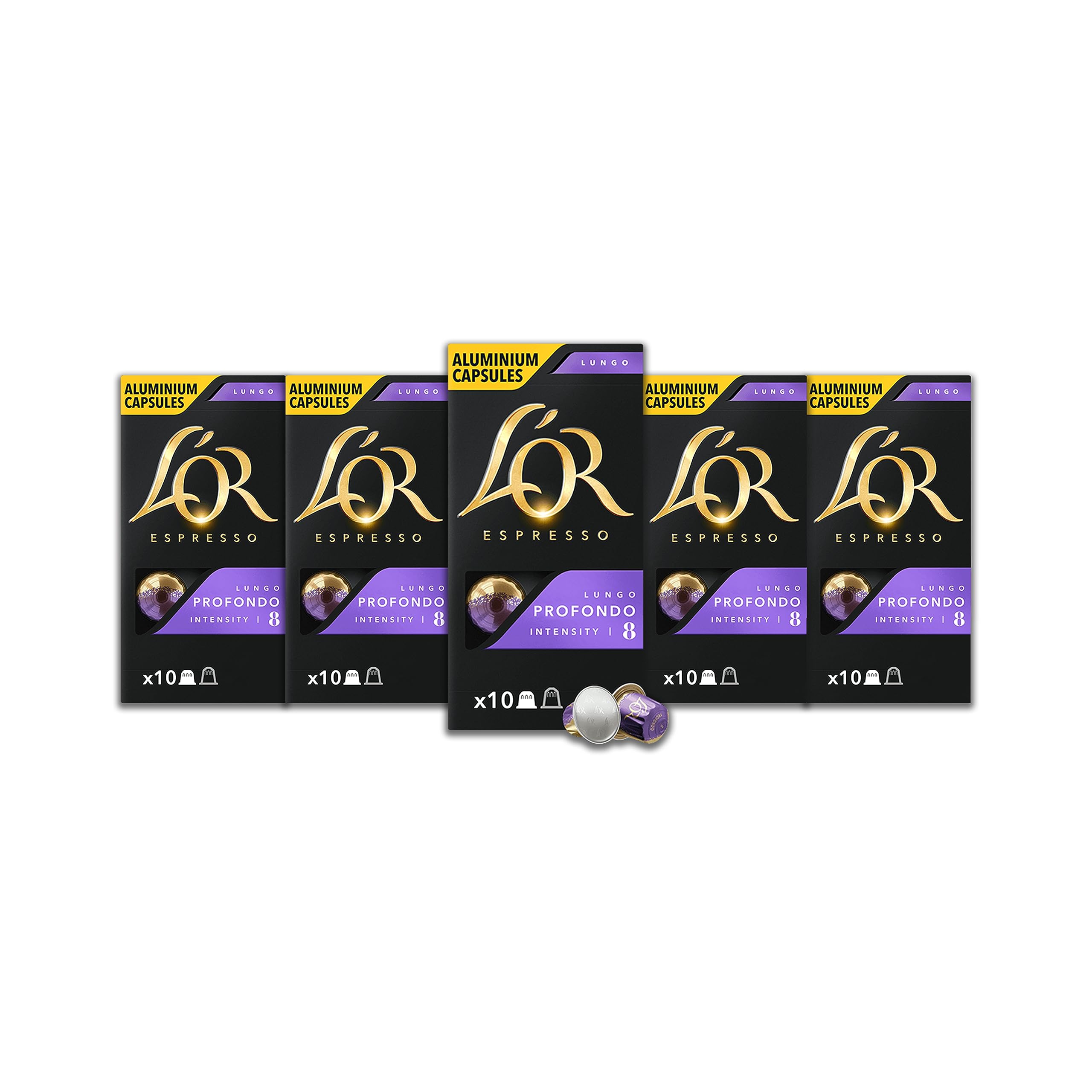 L'OR - Espresso Coffee - Lungo Profondo - Core Collection - Intensity 8 - Medium Roast - 50 Aluminium Capsules Compatible with Nespresso Original Machine (Pack of 4+1)