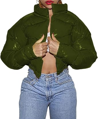 Cropped Puffer Jacket Women Winter Warm Stand Collar Slim Fit Crop Puffy Down Coat Long Sleeve Short Bubble Jackets