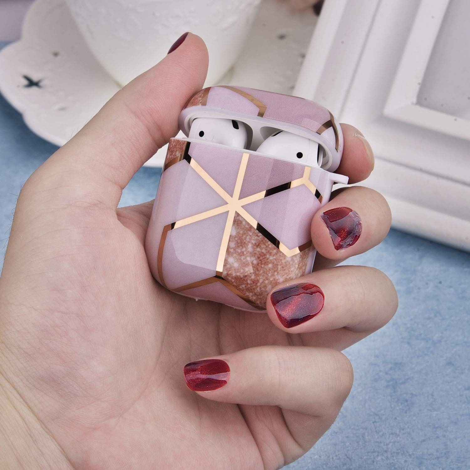 CAGOS Compatible with Airpods Cases, 3 in 1 Cute Rose Gold Marble Airpods Protective Hard Case Cover Shockproof Women Girls Men with Keychain/Strap/Earhooks for Airpods 2/1 Charging Case - Light Pink