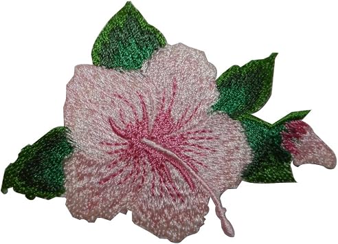 ID 6344 Pink Hibiscus Flower Blossom Patch Tropical Embroidered Iron On Applique