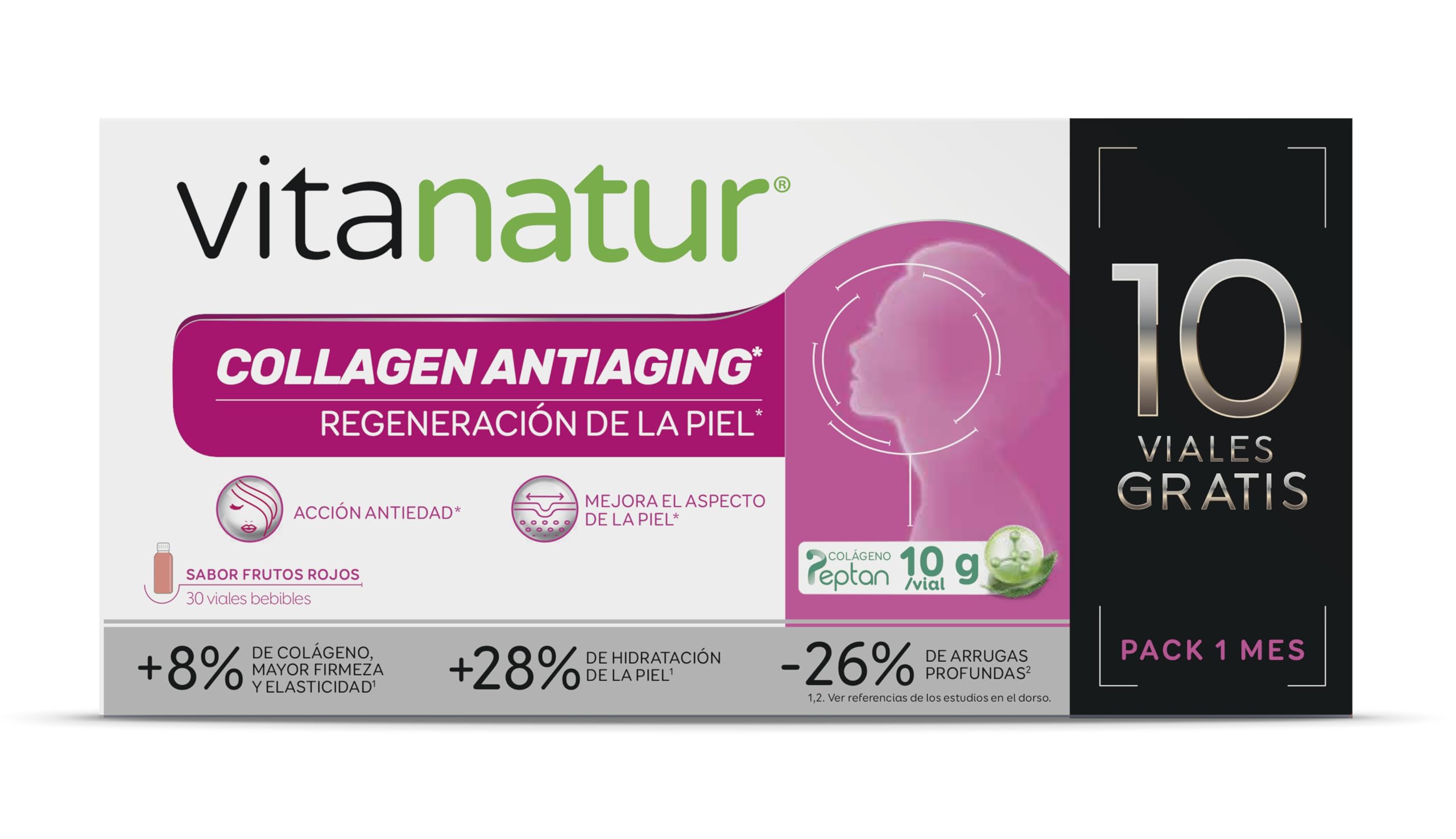 Vitanatur - Collagen Antiaging, Complemento Alimenticio, Ayuda a Mantener la Piel en Buen Estado, Acción Antiedad, Colágeno Hidrolizado, Ácido Hialurónico y Vitamina C, Sabor Frutos Rojos - 10 Viales