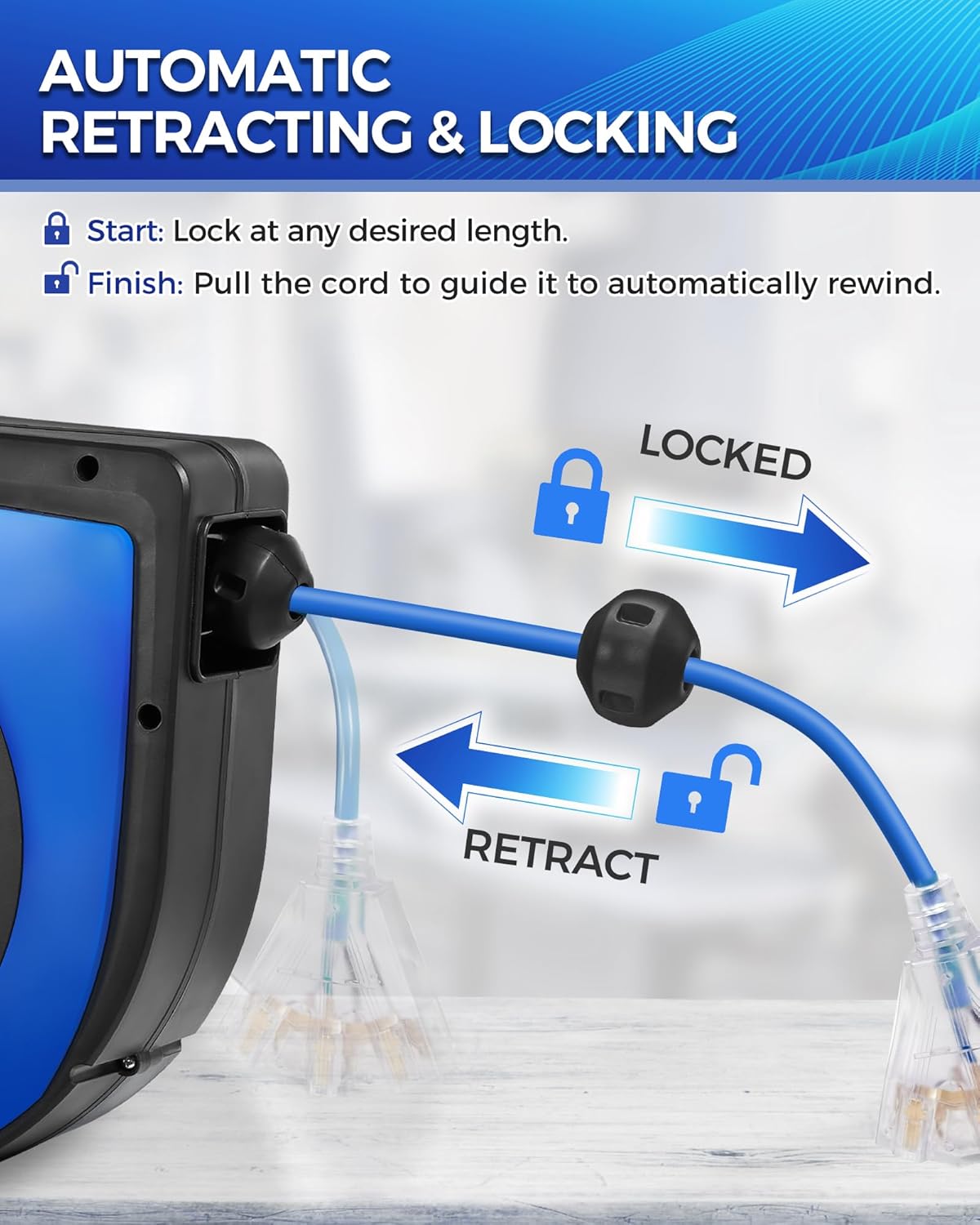 Retractable Cord Reel，3 Grounded Outlets Lighted Triple Tap，75 FT & 40 FT，bundle U75CR06-U40CR06