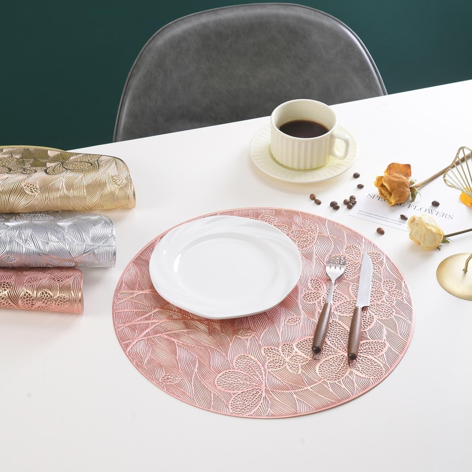 Lot de 10 sets de table en forme de pétales creux or rose 38 cm pour cuisine et salle à manger