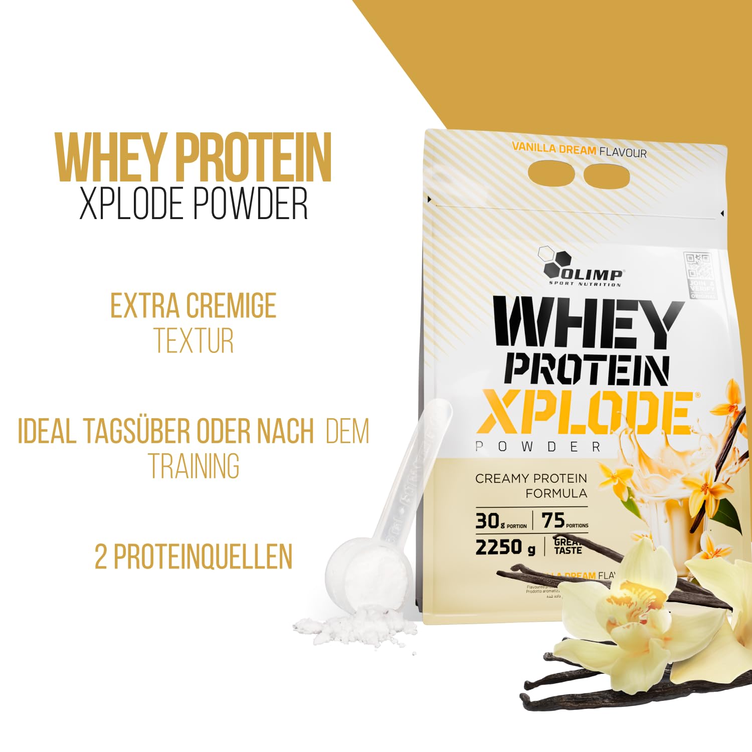 Olimp Whey Protein Pulver Vanille - 2250 g - Eiweiss Protein Pulver - Booster pre Workout
