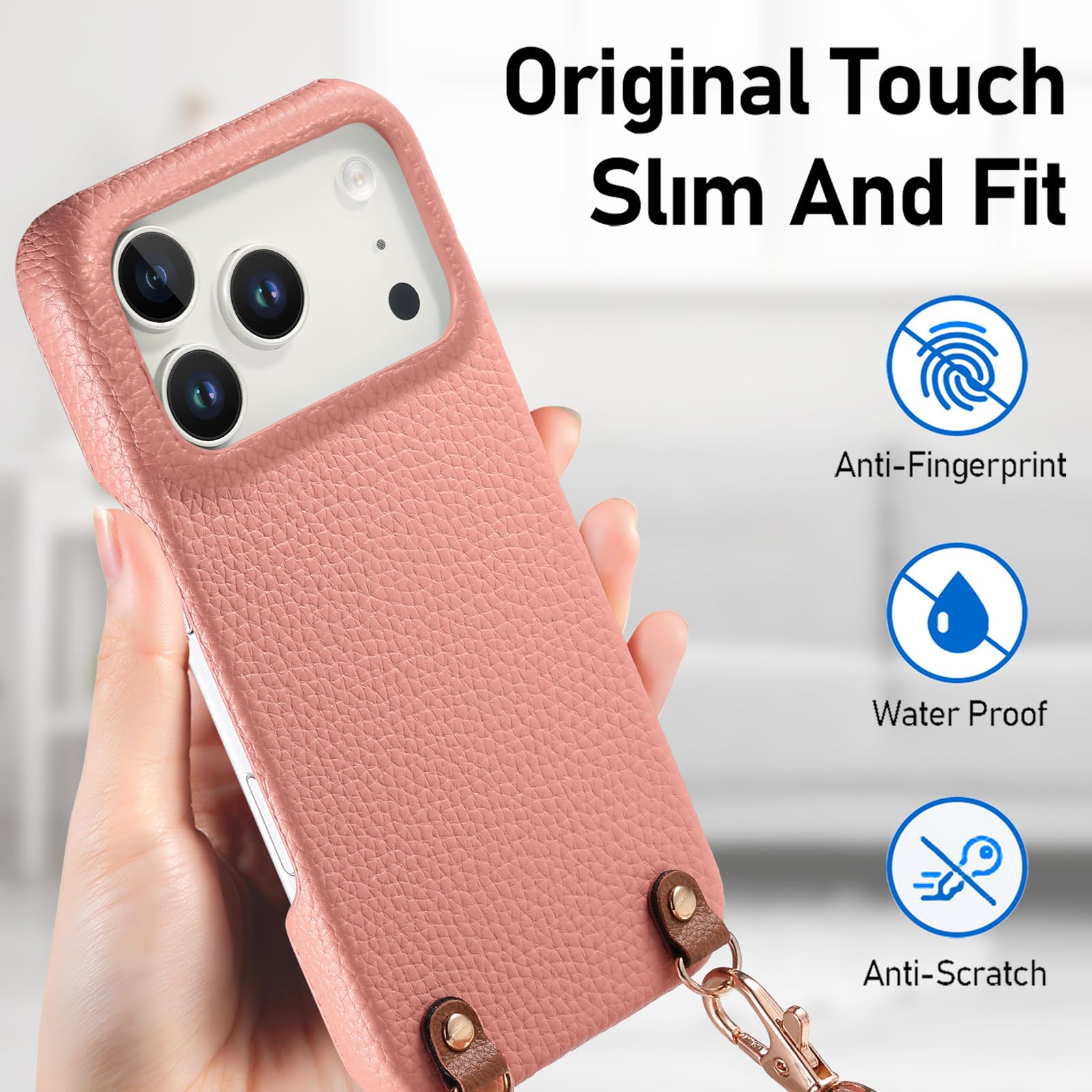 Cienkie etui do iPhone 17 Pro Max / 17 Pro / 17 Air/17, skórzane etui z wzorem liczi, z paskiem na ramię, odporne na odciski palców, odporne na zarysowania, niebieskie, 17 ProMax