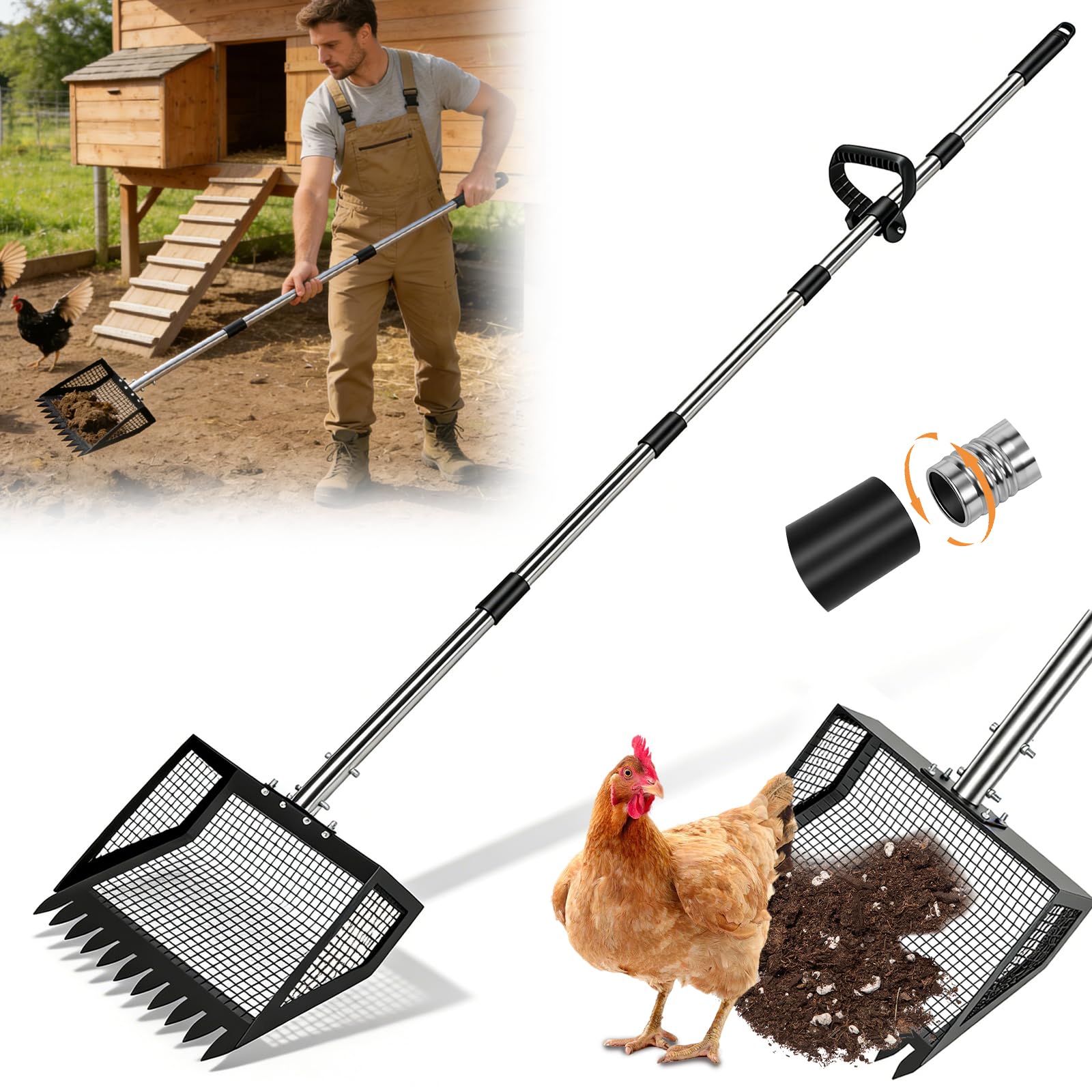 Pala per escrementi di pollo da 25,5 cm, con manico ergonomico, accessorio regolabile in acciaio inox per pollaio, pala multiuso estensibile per proprietari di pollame e gatti, regolabile 102-182 cm