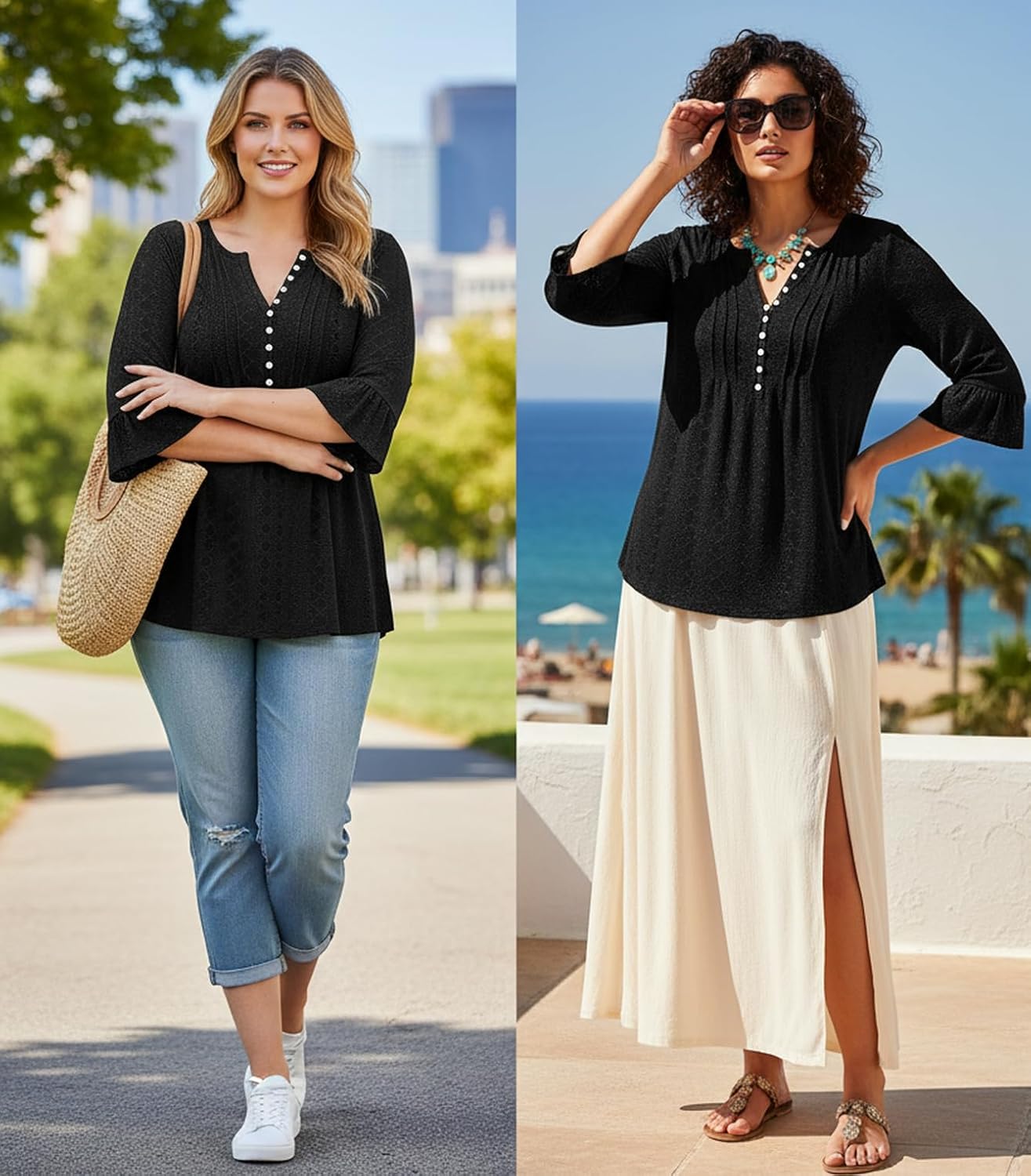 Womens Tops Dressy Casual Pleated Button Neck Summer Blouses 3/4 Flared Sleeve Fall Shirts - Image 3