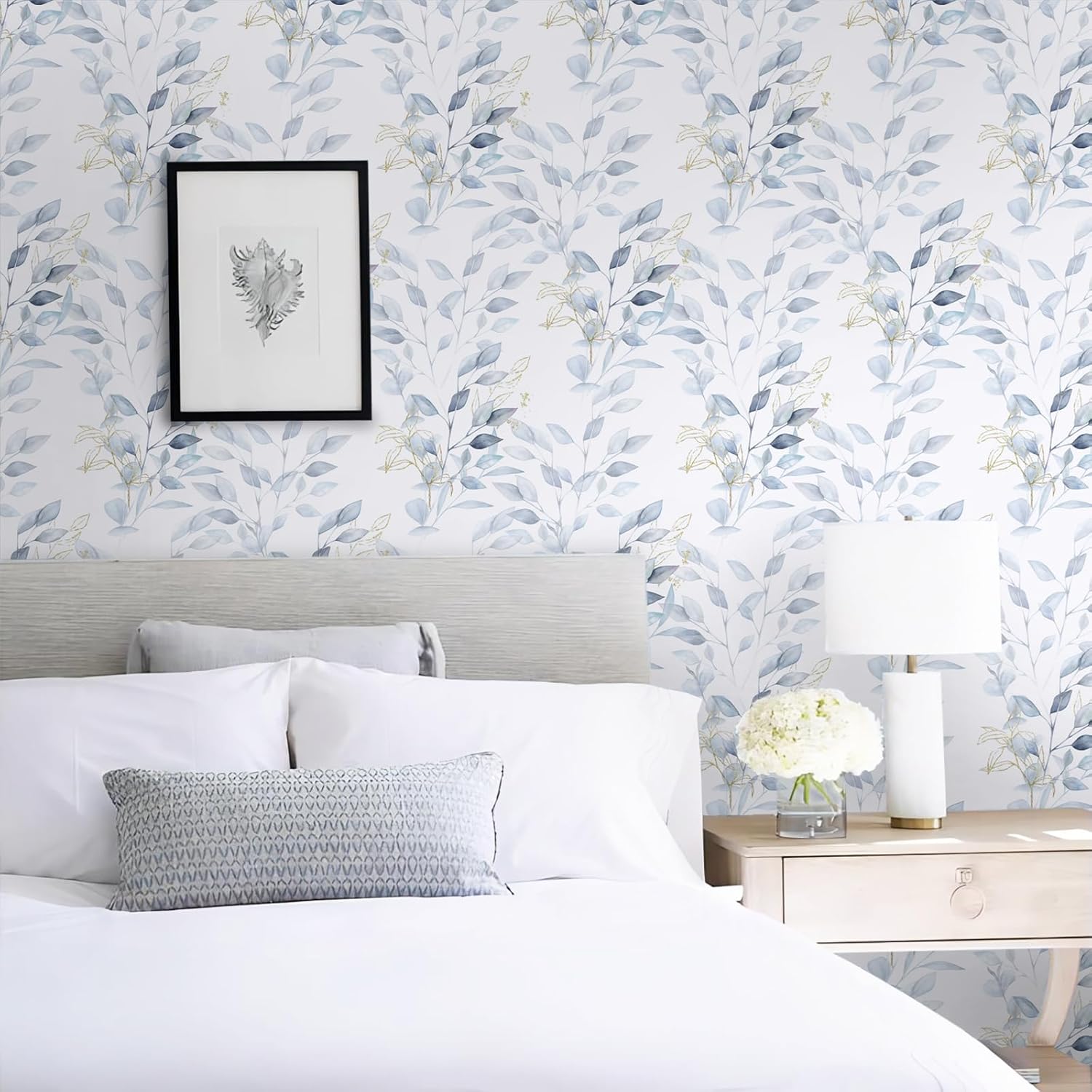 HeloHo Peel and Stick Wallpaper 15.35" X 787" Green Blue Leaf Floral Wall Paper Self Adhesive Removable Waterproof Contact Paper for Bathroom Living Room Bedroom Decor