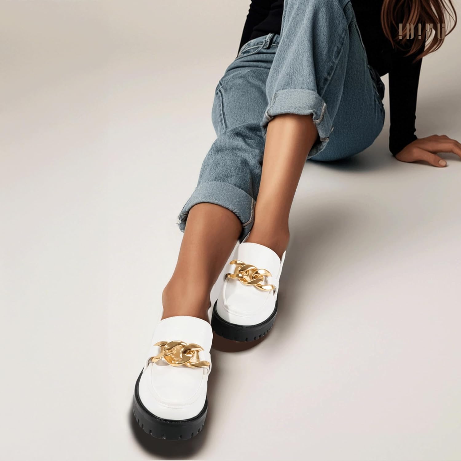 IDIFU IN2 Platform Loafers for Women Dressy with Metal Chain Slip On Low Chunky Block Lug Sole Heeled Penny Loafers Comfort Closed Round Toe Dress Shoes Office Work Business Casual Fall Loafers Shoes - Image 4