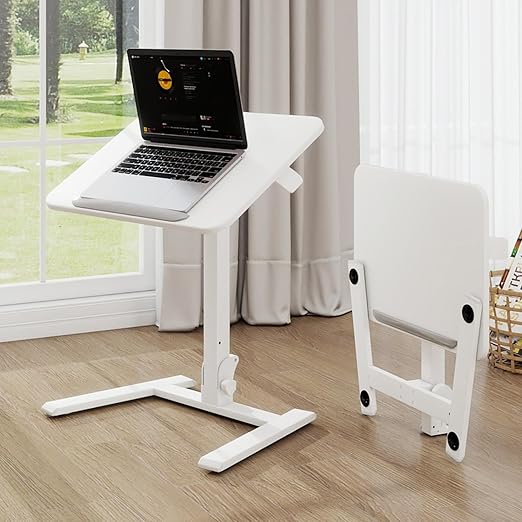 PUNCIA Small Standing Desk with Stoppers 90°Tiltable Mobile Rolling Laptop Table on Wheels Adjustable Height Computer Workstation Portable Stand Up Cart for Home Office Installation-Free(White)