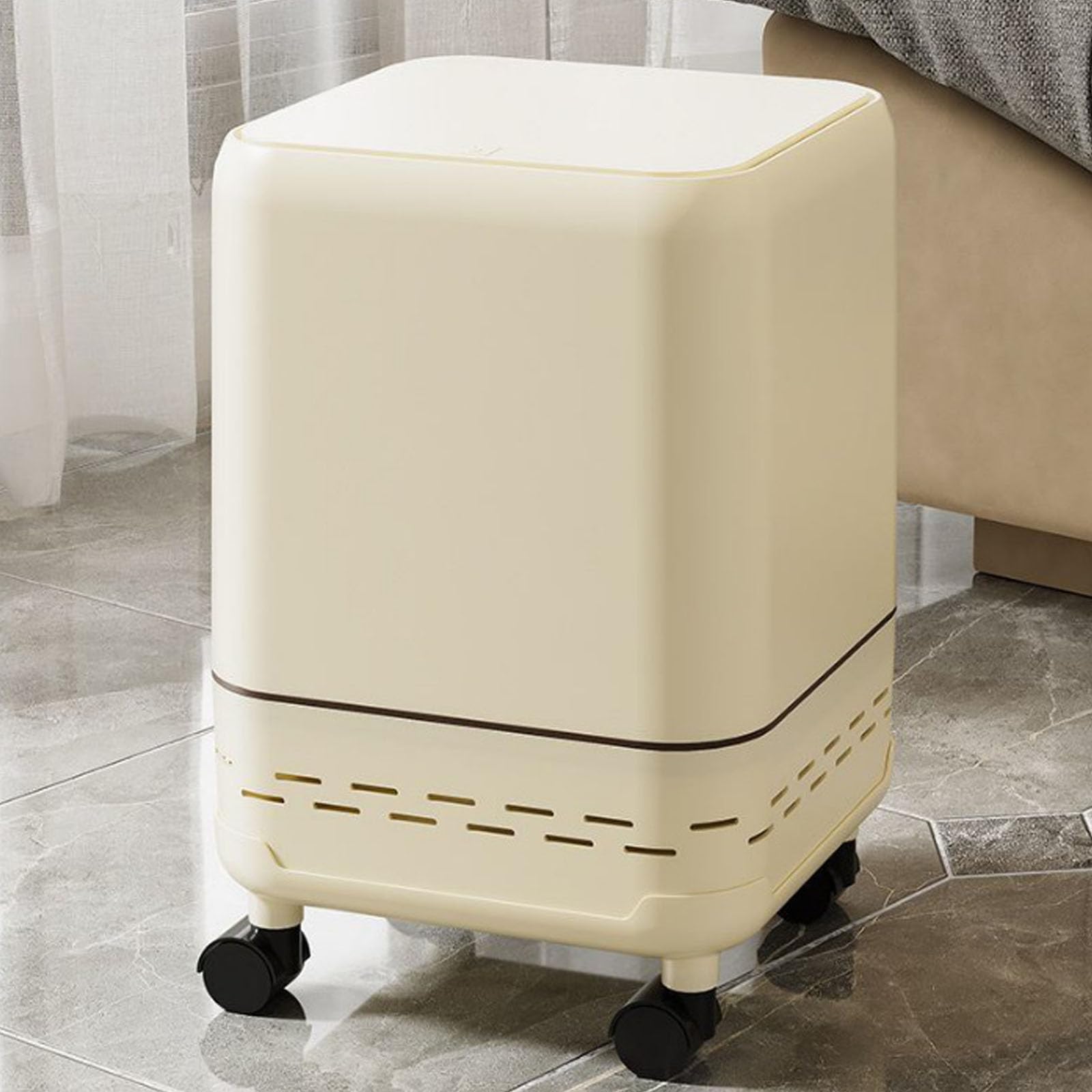 Cubo de basura con ruedas y tapa lisa, diseño moderno para encimeras, cubo de basura pequeño con ruedas