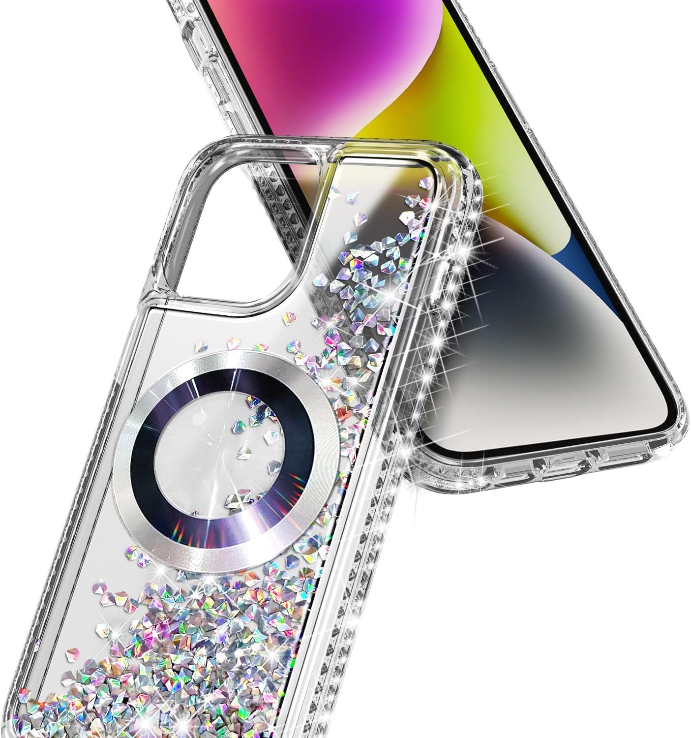 Magnetic Case for iPhone 15 Plus [Compatible with MagSafe] Glitter Floating Liquid Cute Case with [Camera Lens Protector, Tempered Glass Screen Protector and Wrist Strap Lanyard] Diamond - Image 5