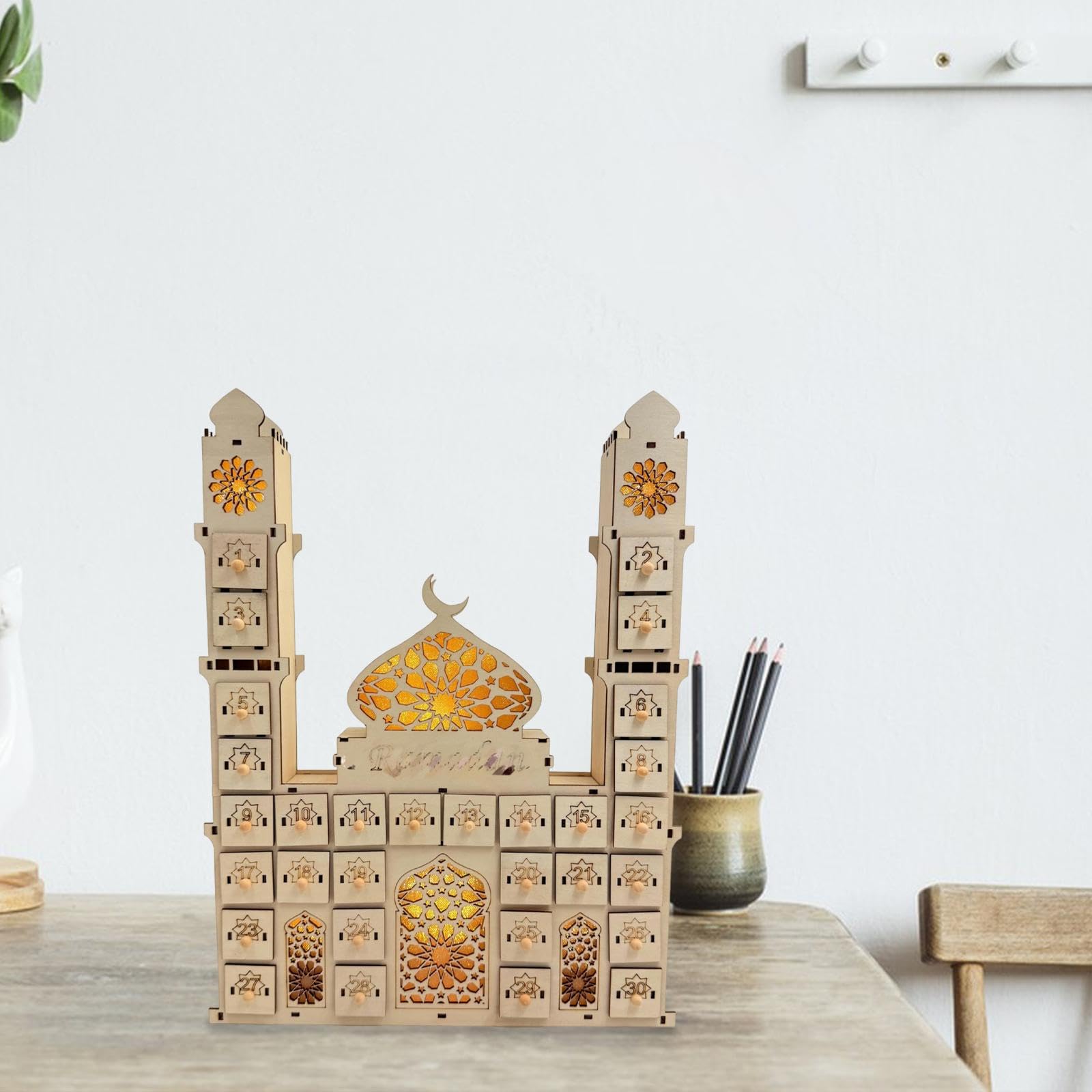 Amagogo Ramadan-Adventskalender, hölzerner Eid-Mubarak-Adventskalender mit 30 Schubladen für Partyzubehör, Eid-Mubarak-Wohnzimmer, Zuhause